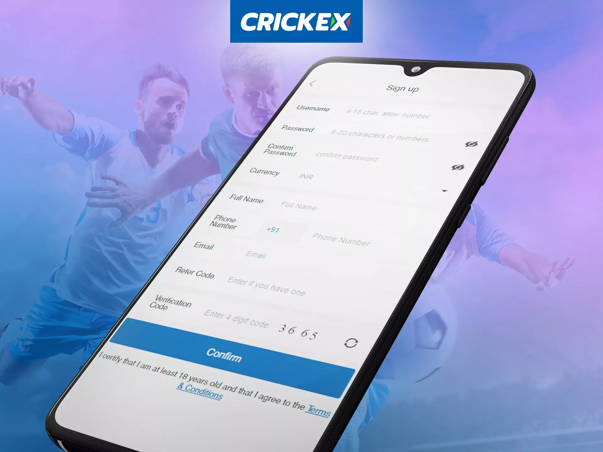 Complete a simple registration on the Crickex app.