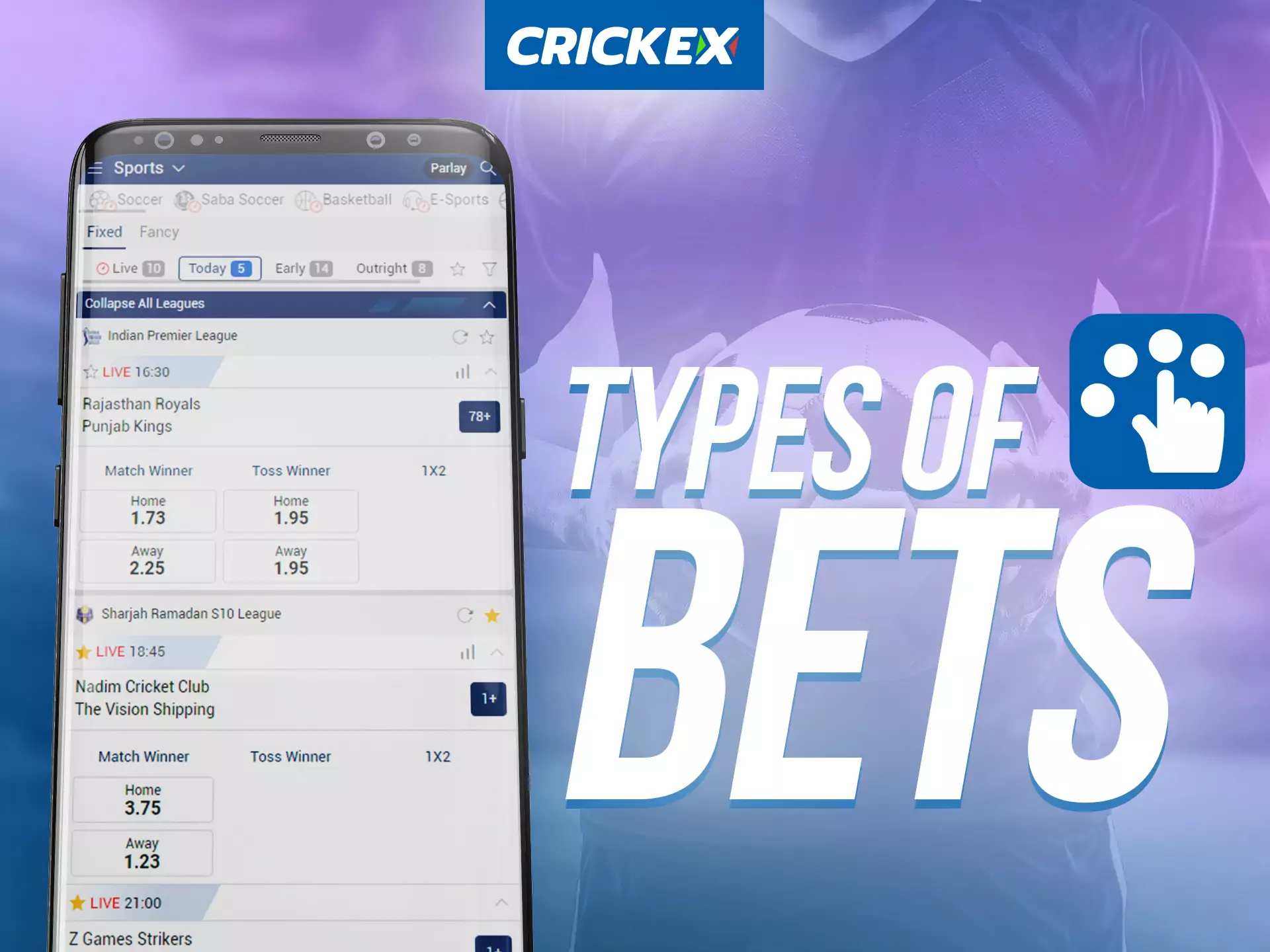 With the Crickex app, try different types of bets.