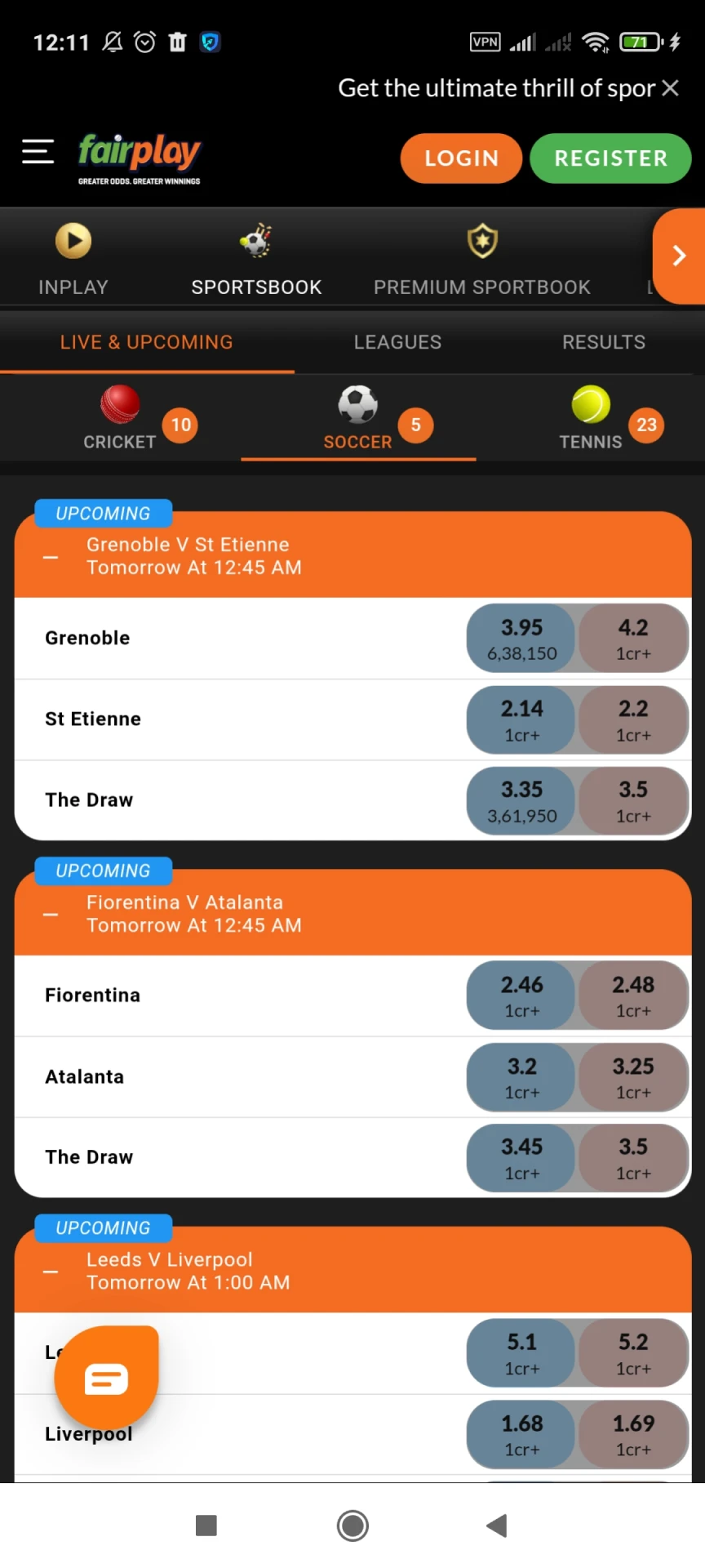 Sports betting section in the Fairplay app.