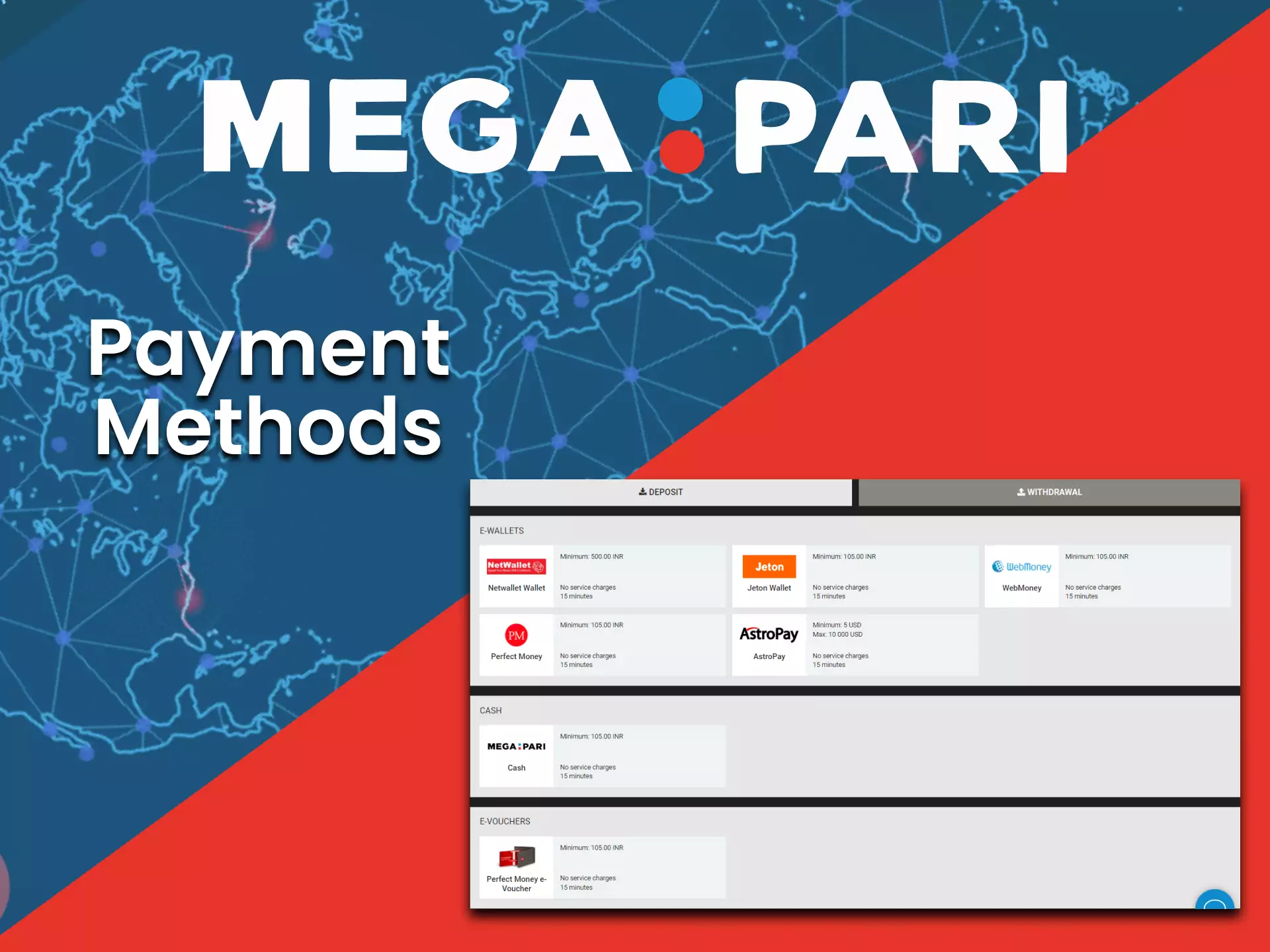 The Megapari affiliate program uses the most common payment methods in India.