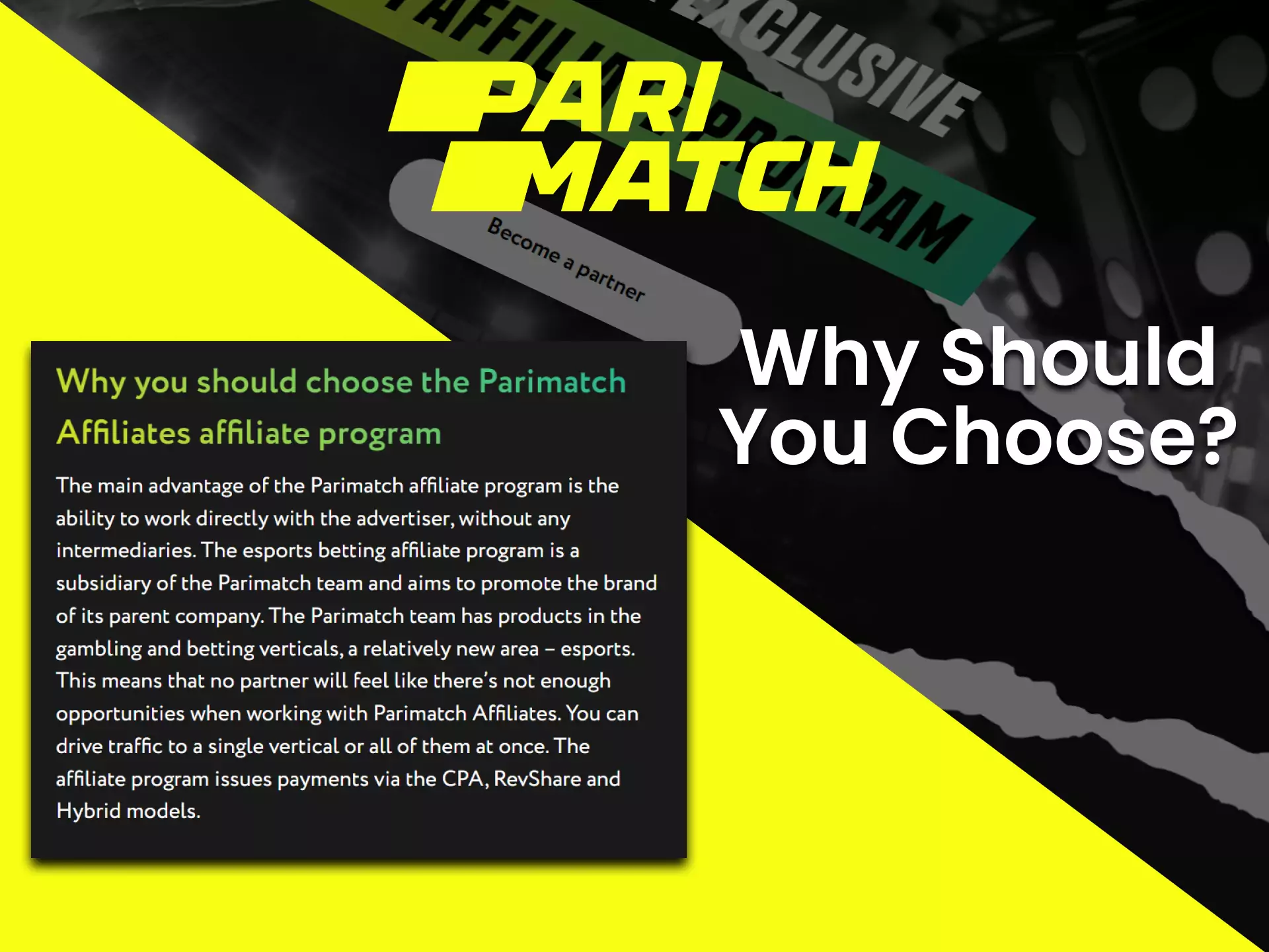 Parimatch suggests great conditions for all newcomers to the affiliate program.