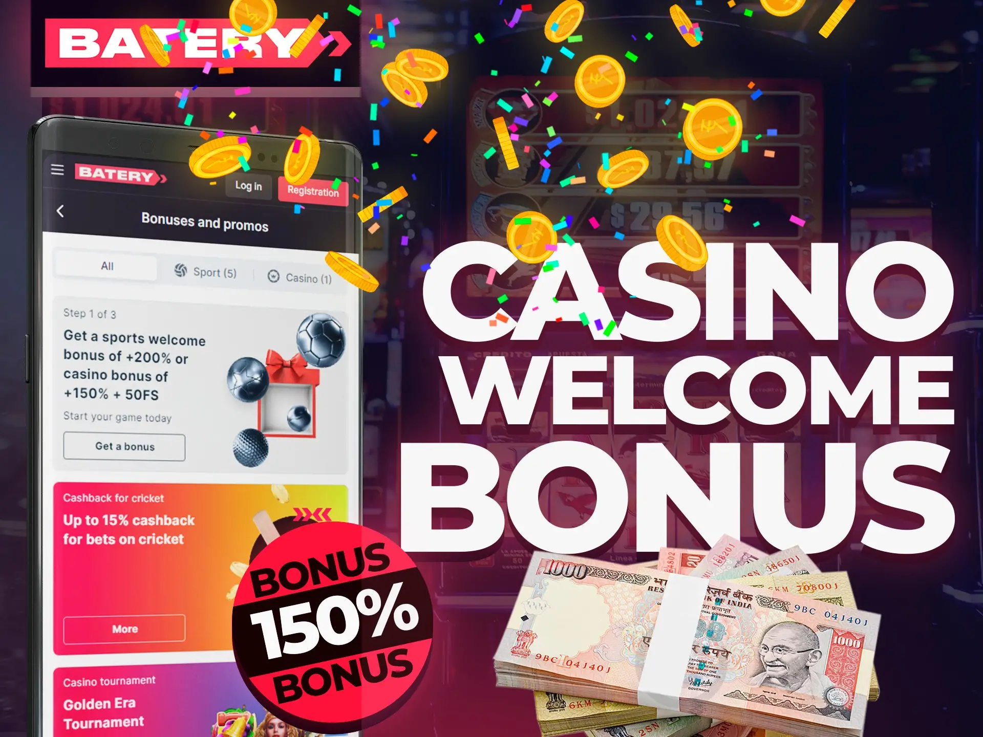 Get your casino welcome bonus after first deposit at Batery.