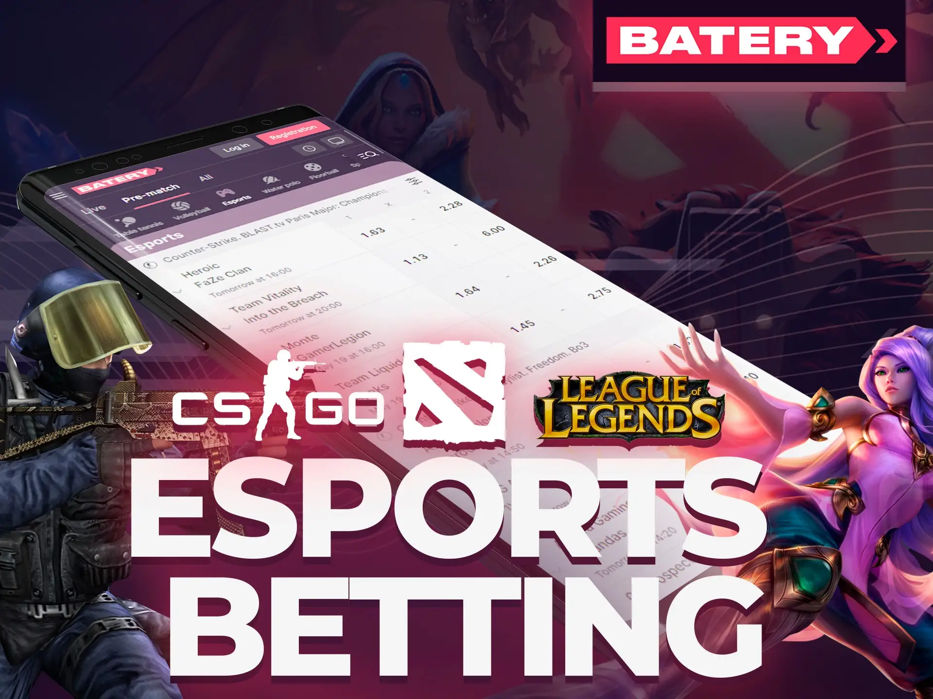 Bet on different esports types at Batery.