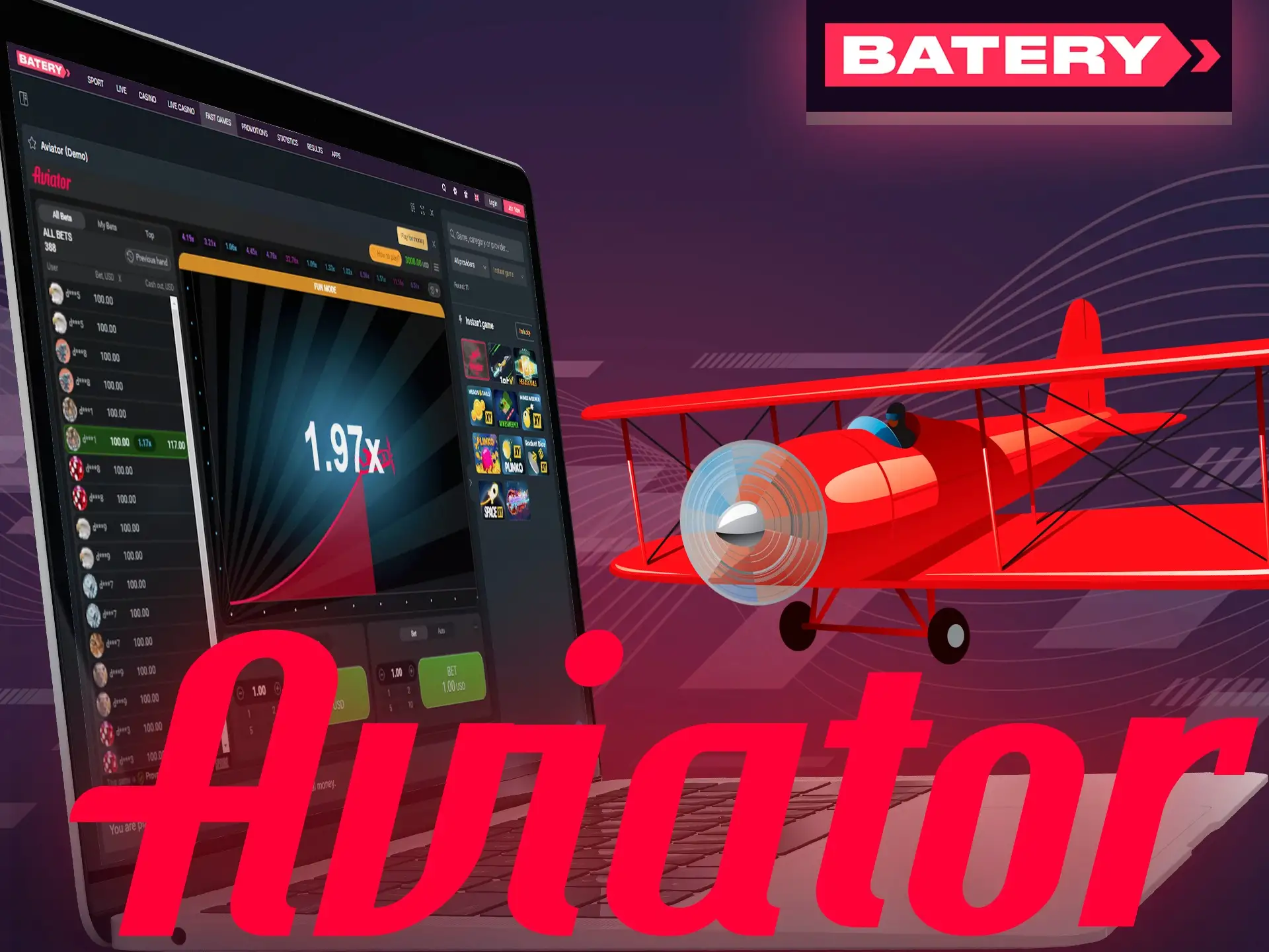 Get huge winnings by palying Aviator game at Batery.