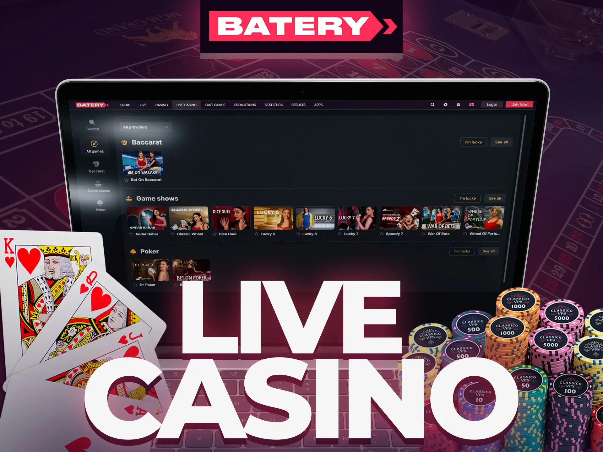 Play casino games with real people at Batery live casino.