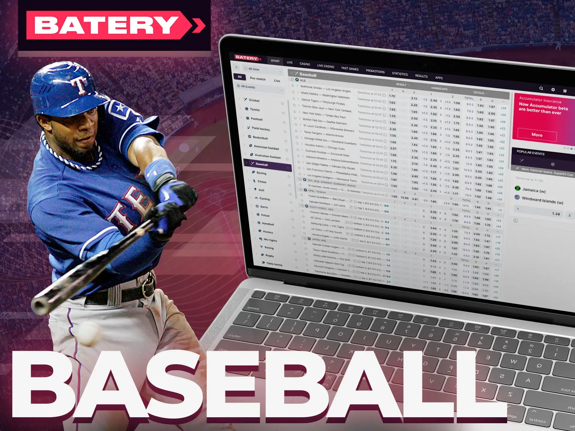 Watch exciting baseball matches at Batery.