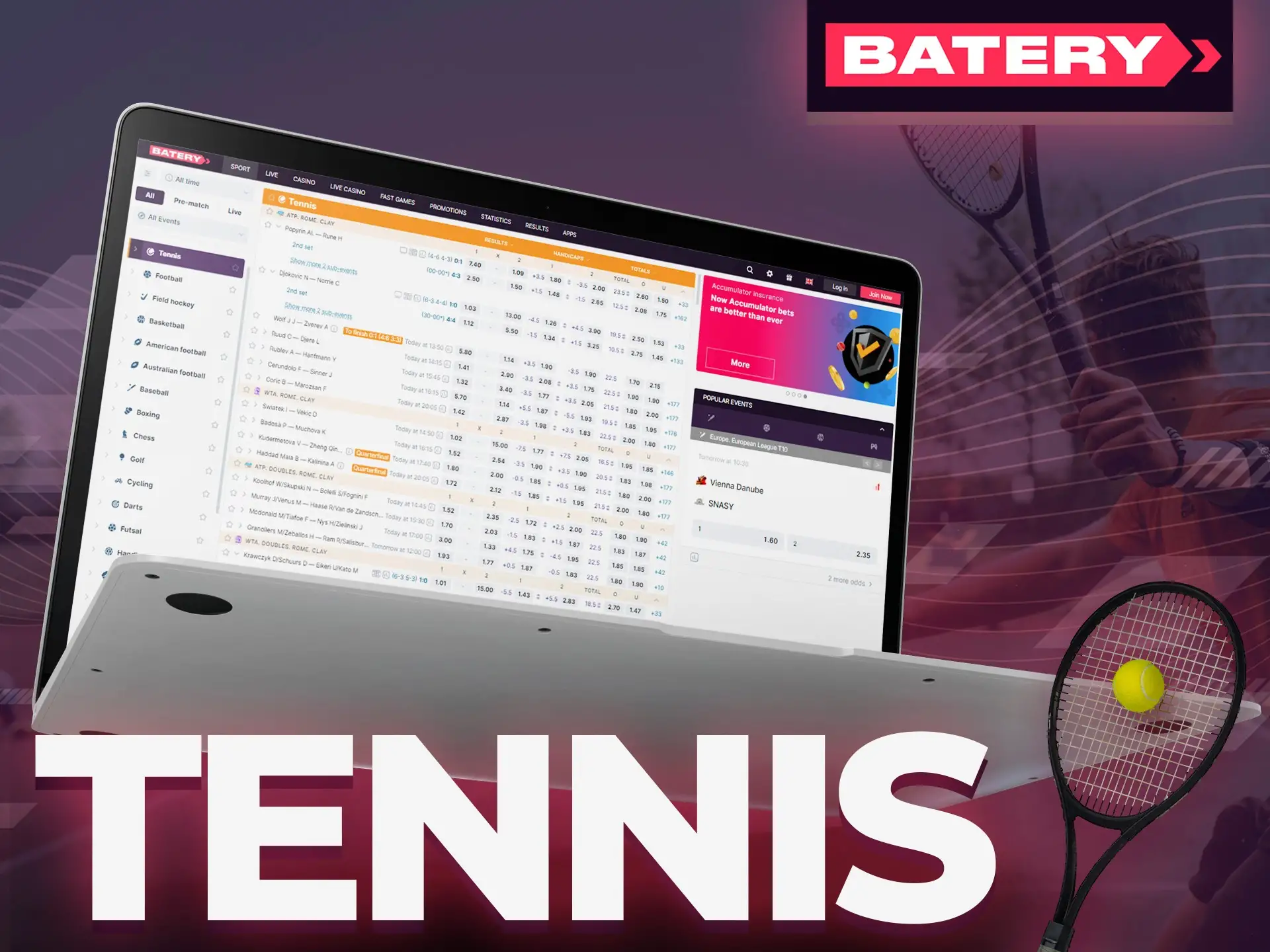 Watch tennis games online at Batery.