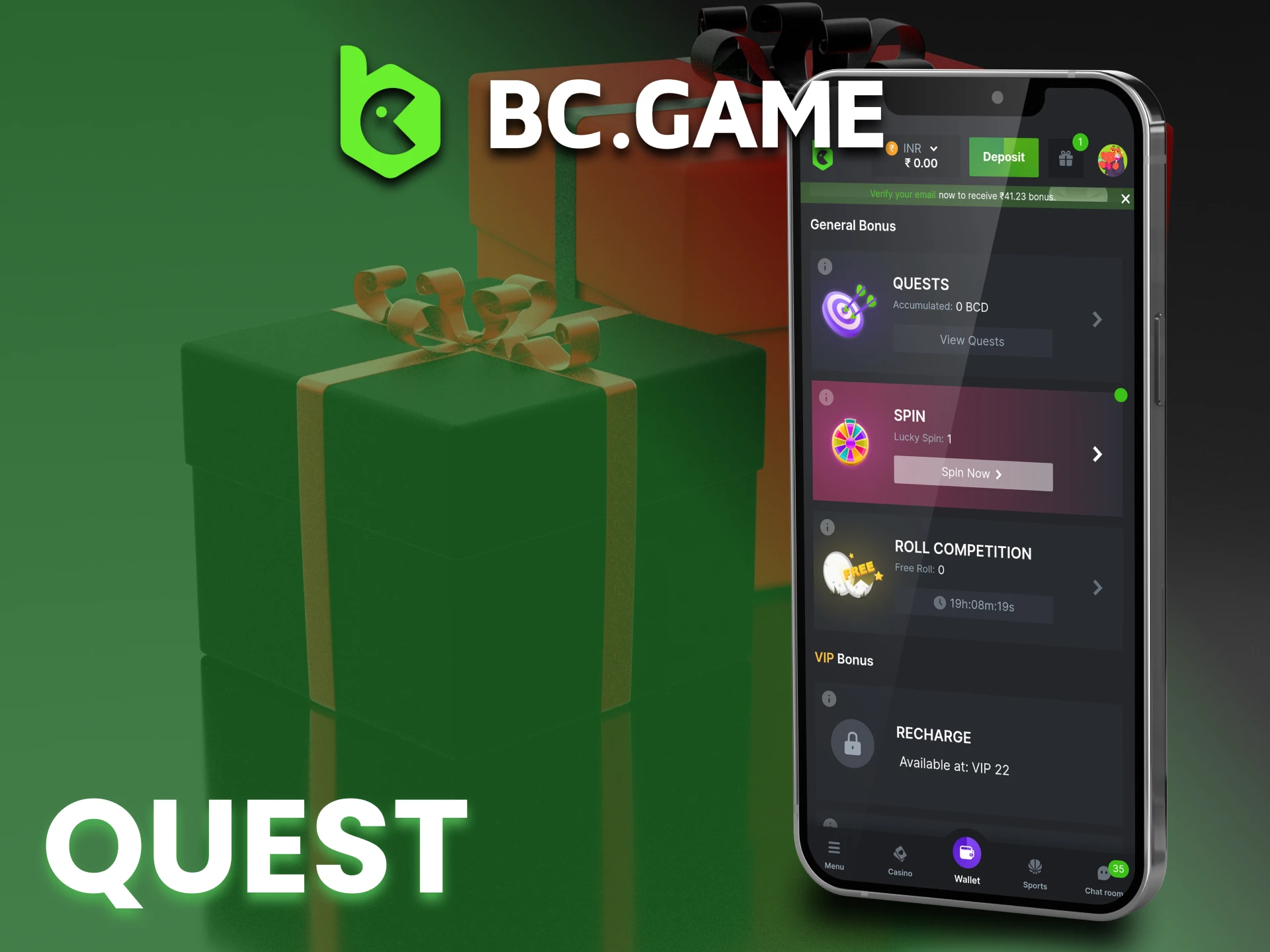 Complete simple quests in BC Game app and get bonuses.