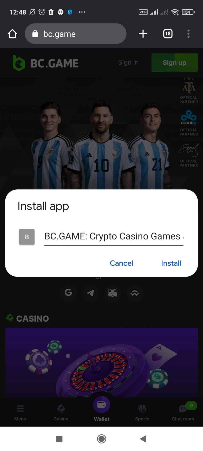 Install BC Game app.