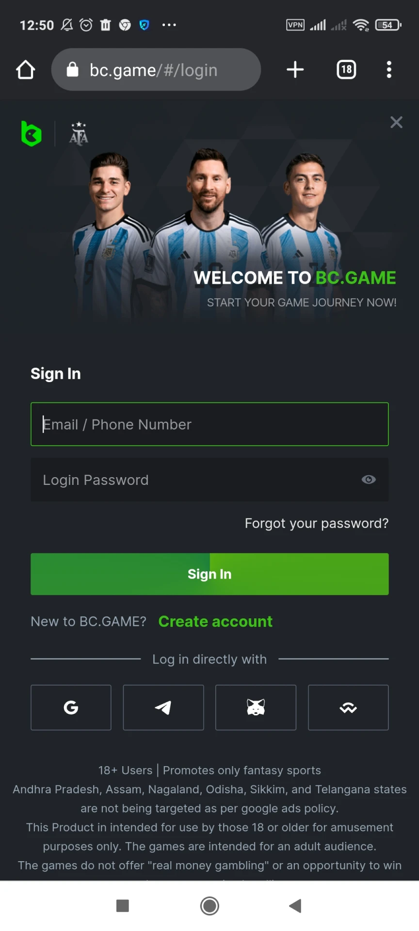 Sign in using BC Game account.