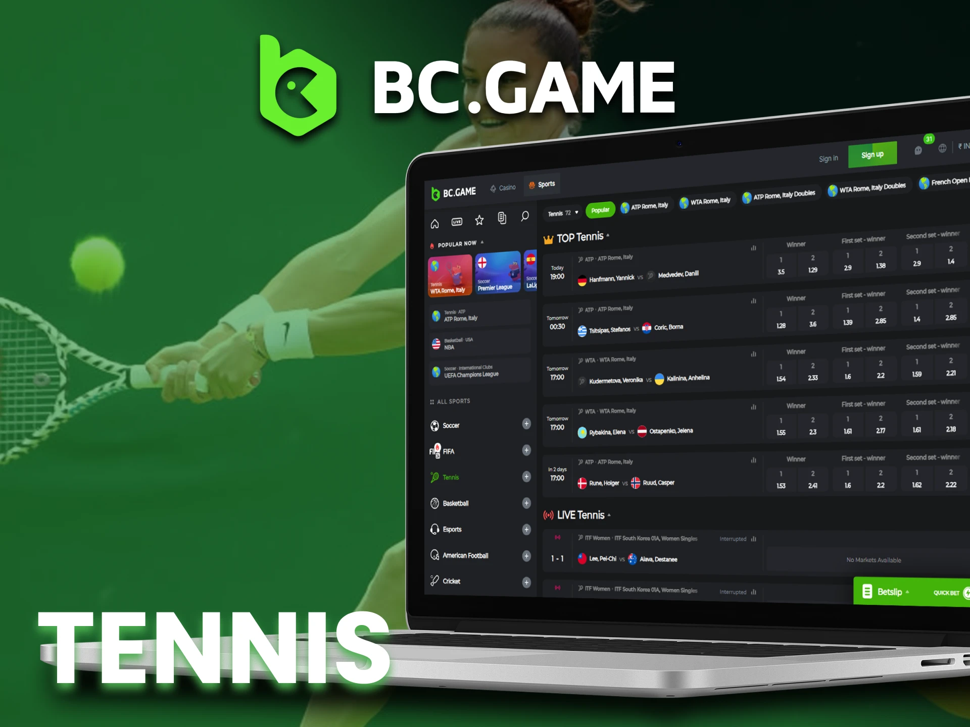 Watch tennis matches and bet at BC Game.