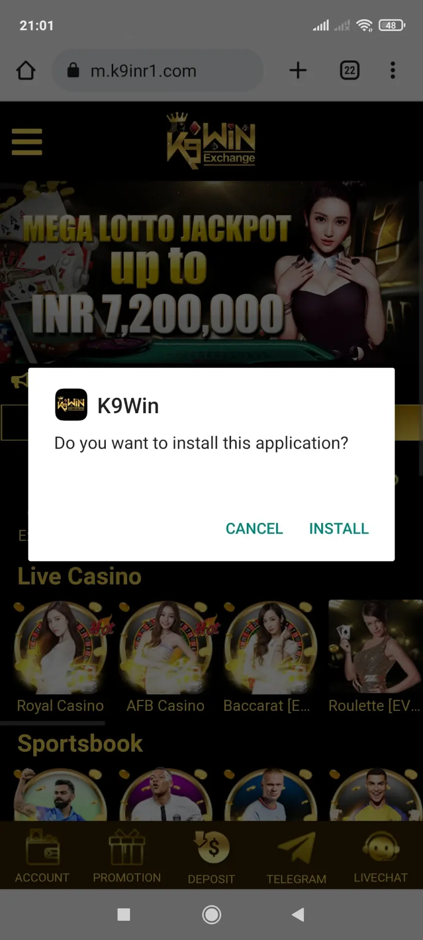 Start the installation of the K9Win app.