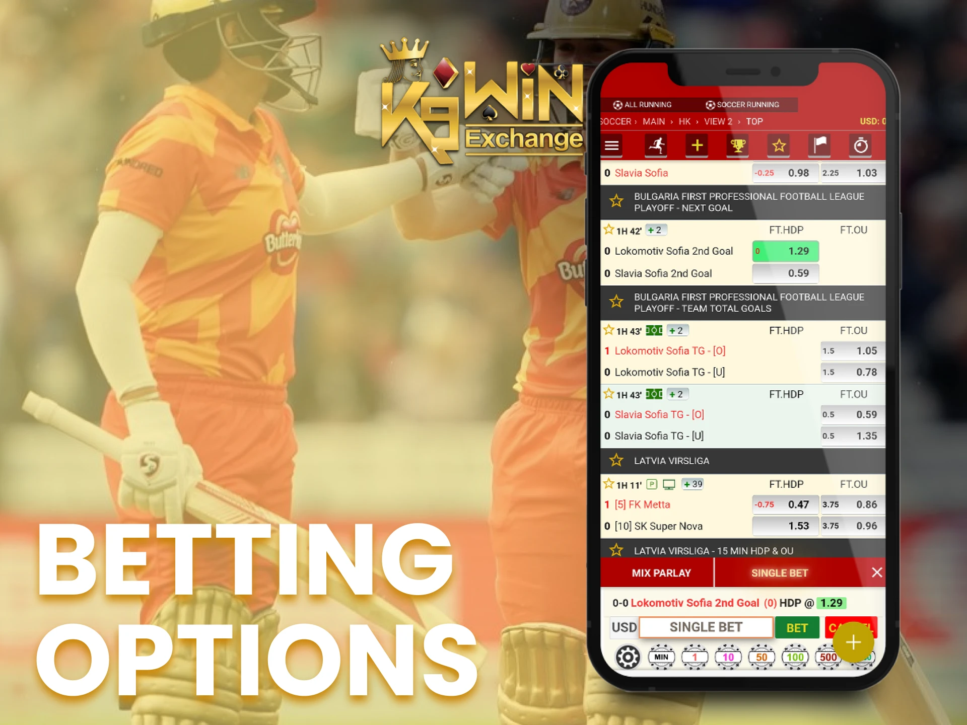 Use different betting options when making new bets in the K9Win app.