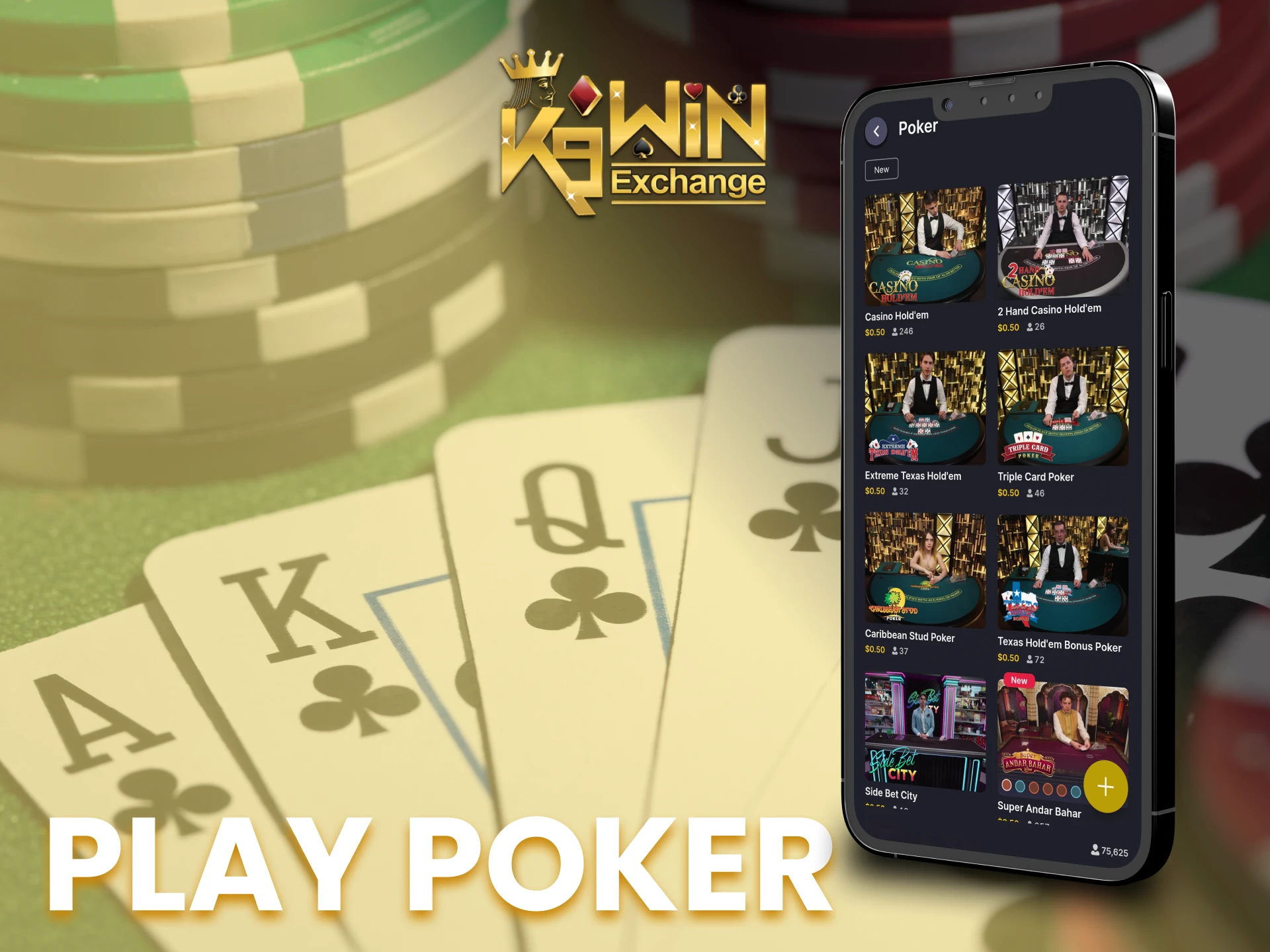Play poker with real people in the K9Win app.