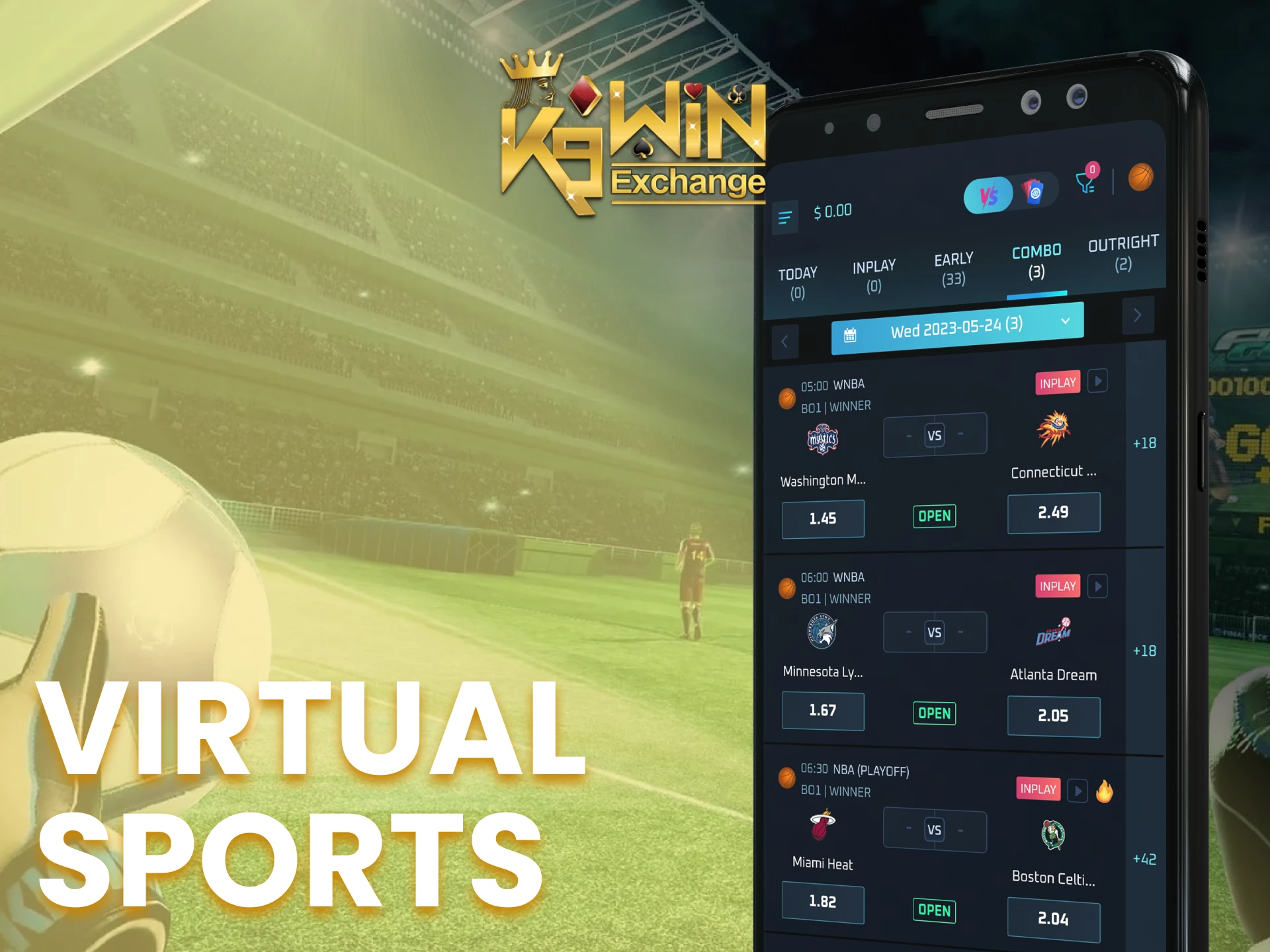 Bet on different virtual sports in the K9Win app.