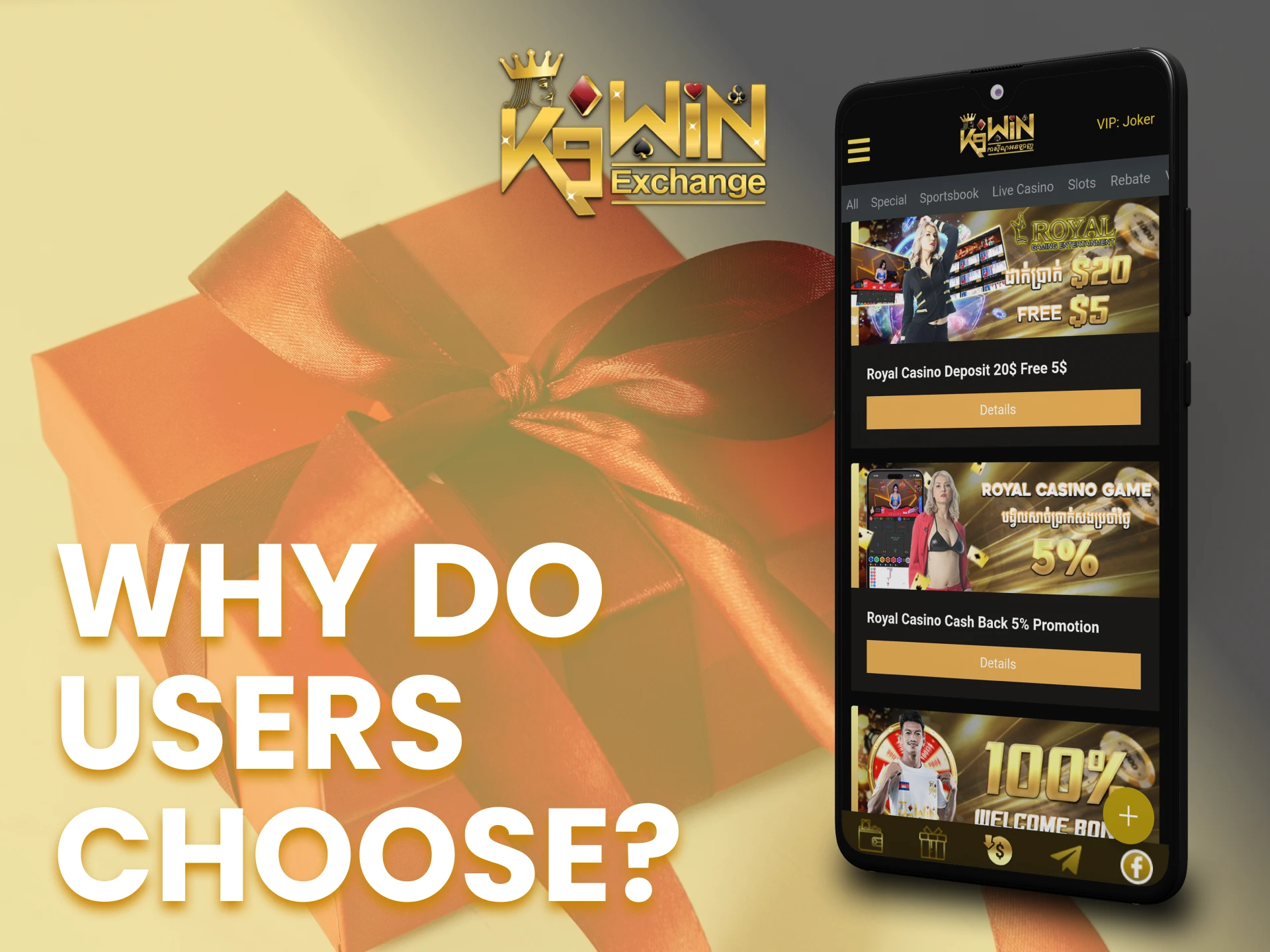 Choose the K9Win app for making bets and playing casino games.