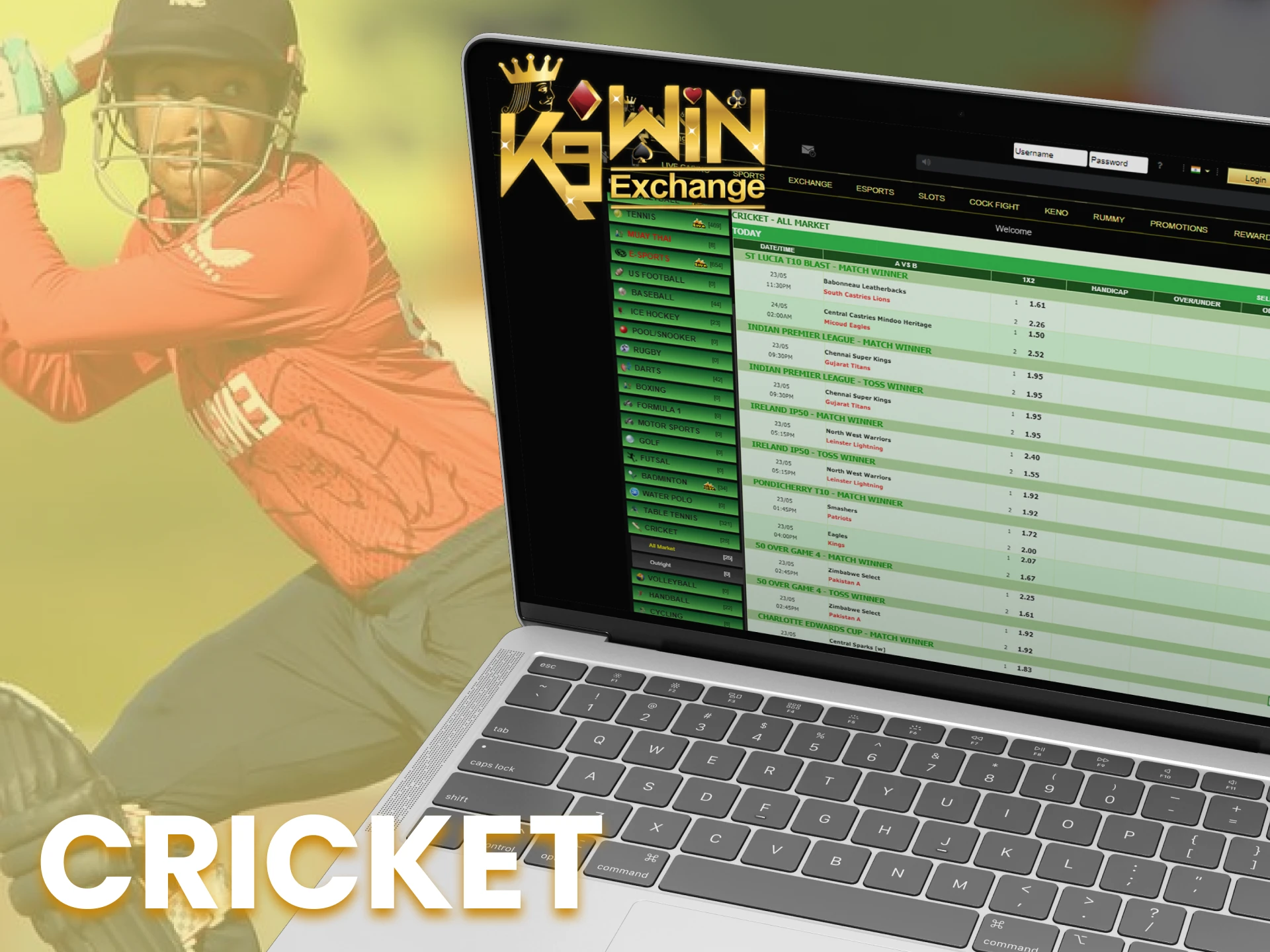 Win money by betting on the popular cricket teams at K9Win.