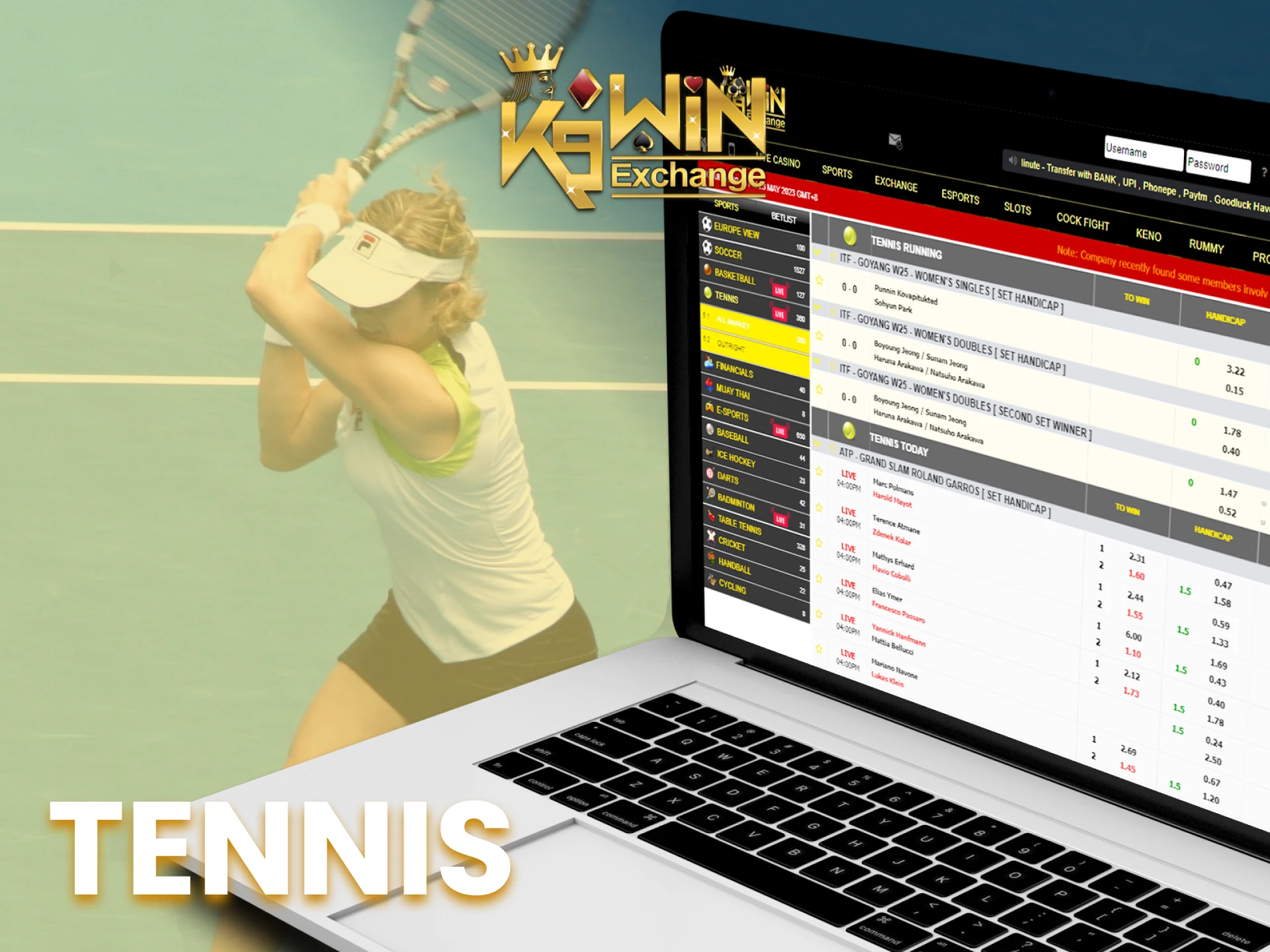 Bet on and watch tennis games on the K9Win sports page.