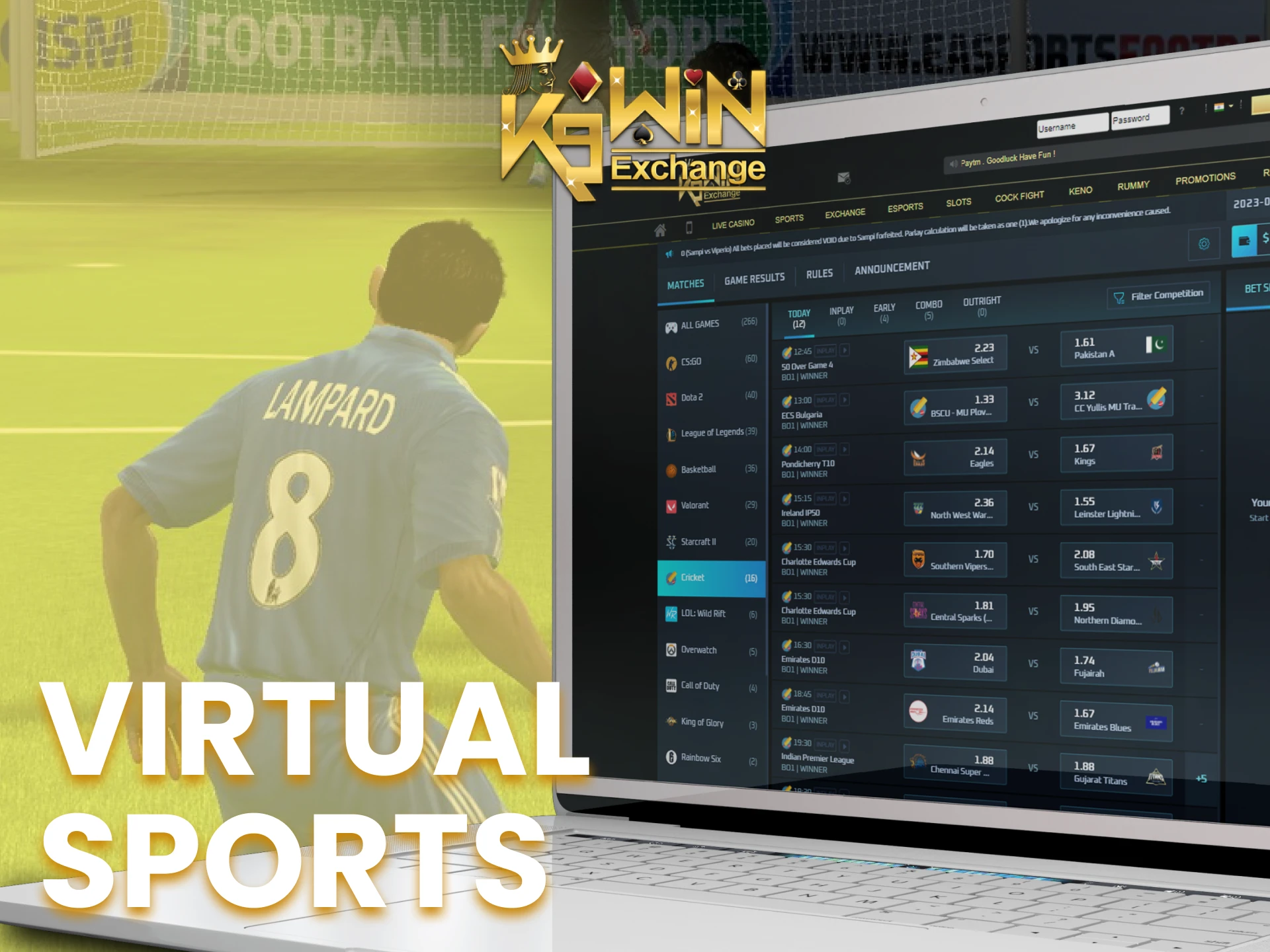 Bet on the new exotic virtual sports on the K9Win virtual sports page.