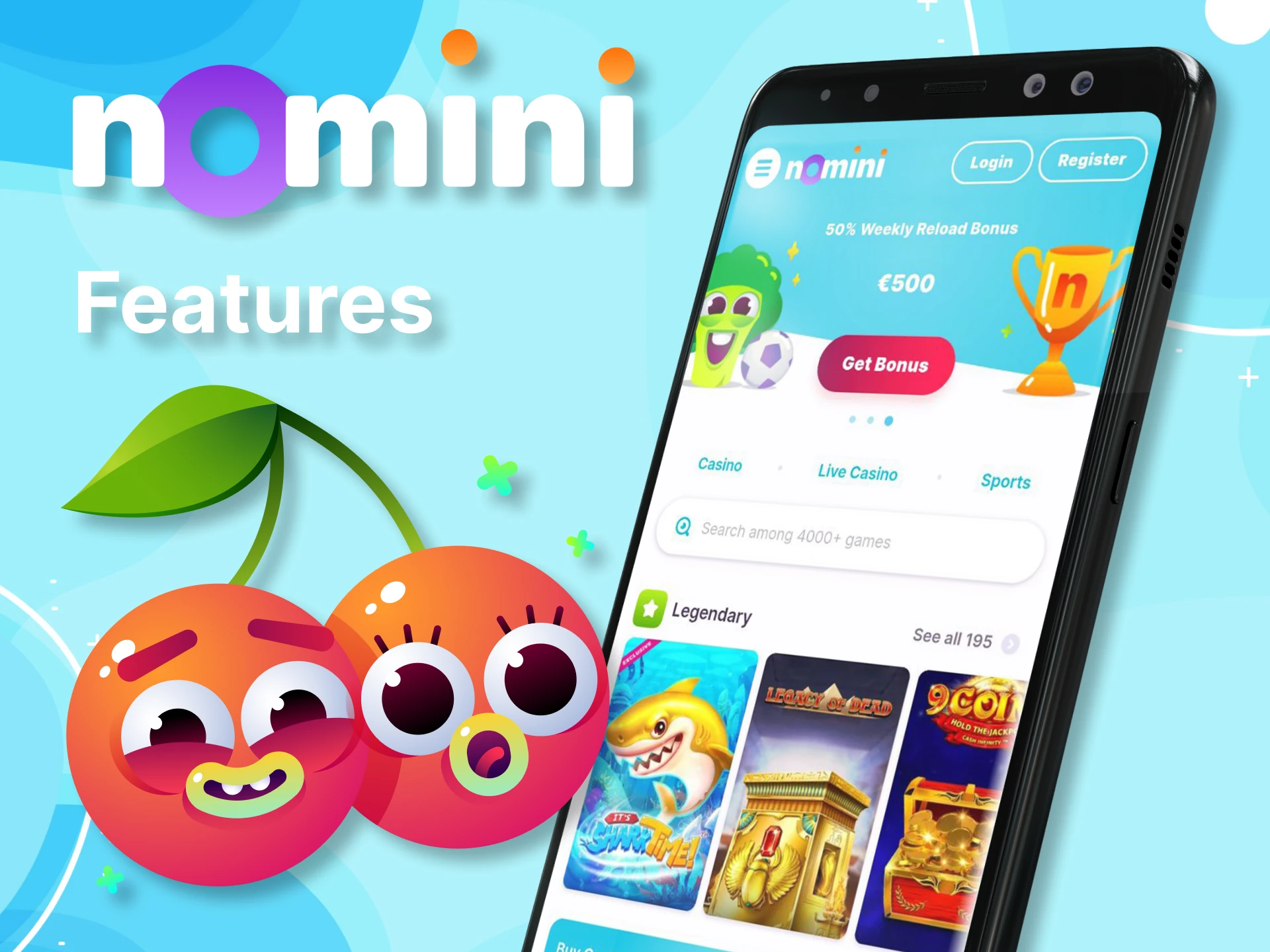 In Nomini app you will find many convenient and useful features for betting and playing casino games.