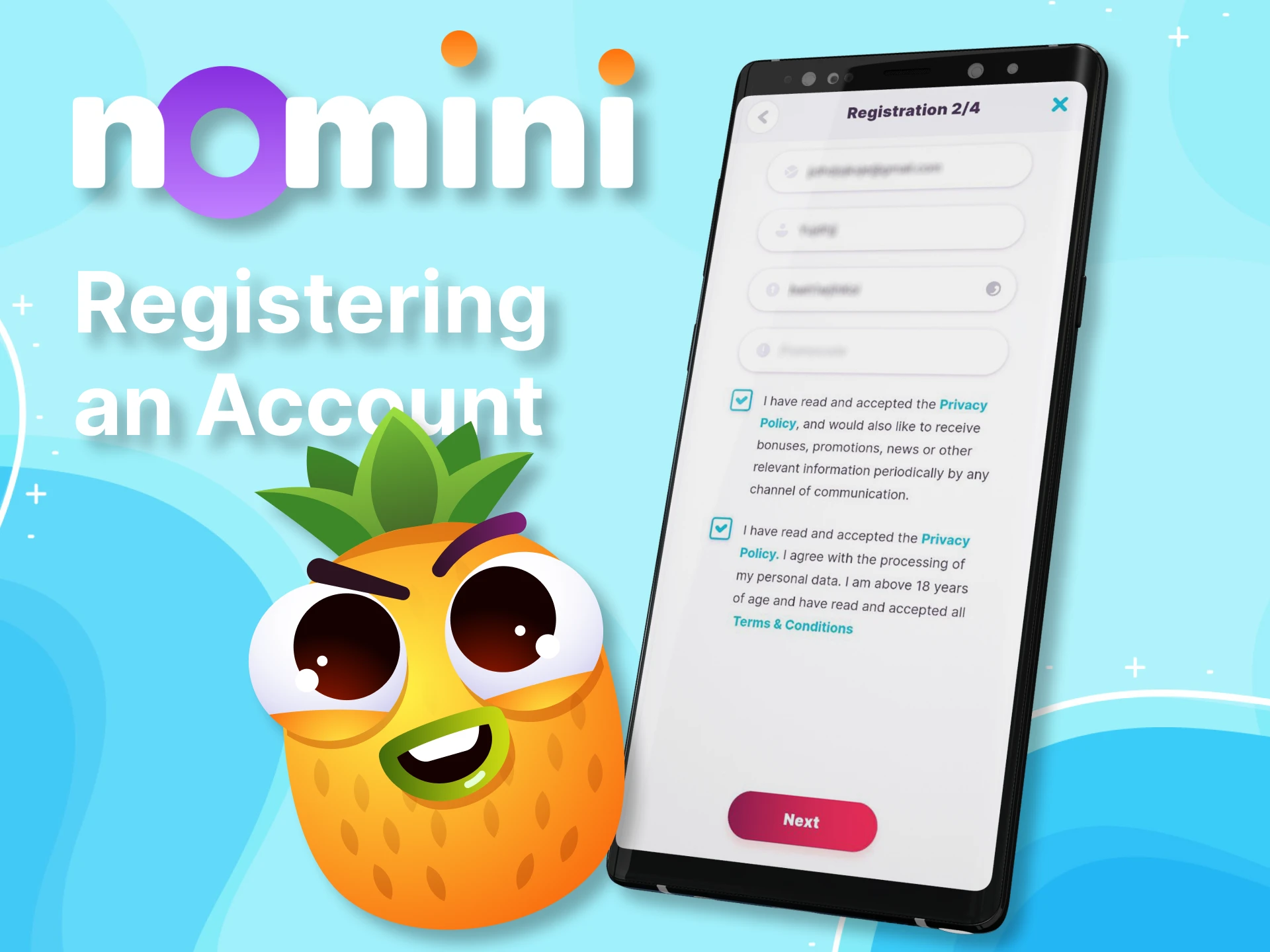 In the Nomini app, complete a quick and easy registration to start betting on sports.