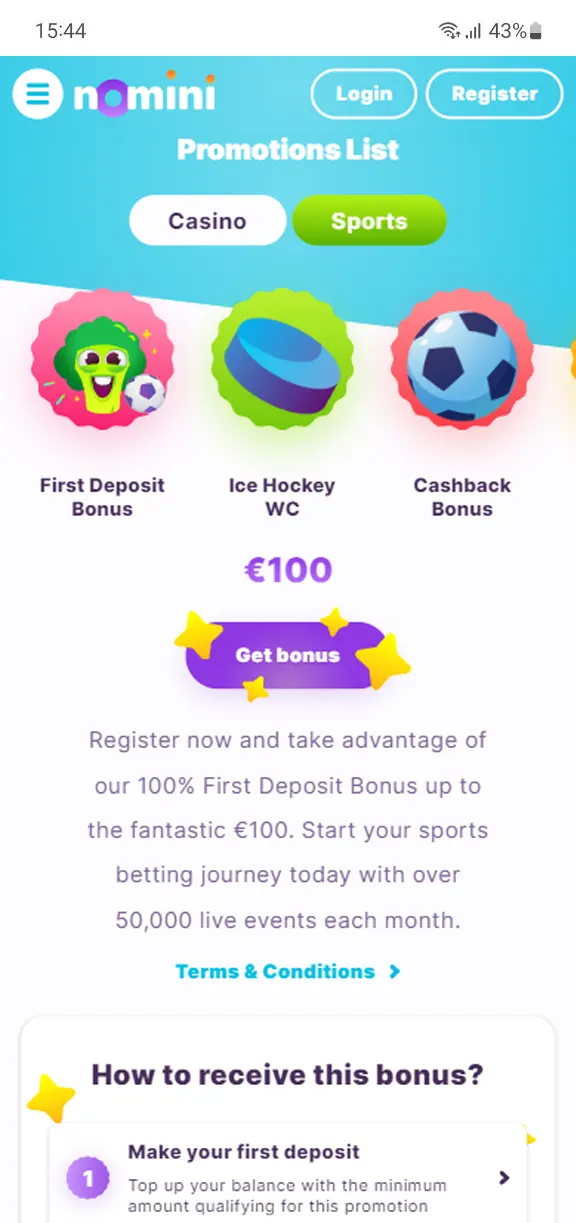 Nomini app offers players a lot of nice bonuses.