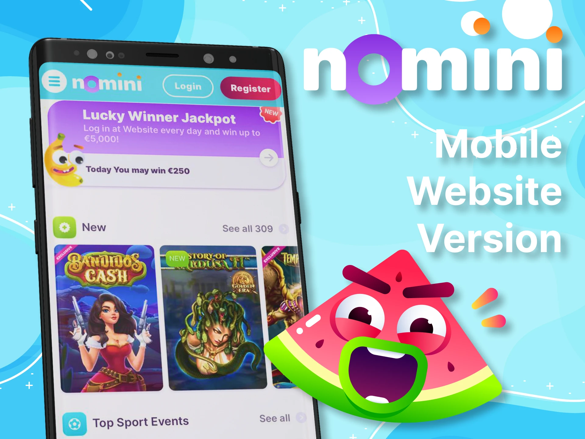Play casino and sports betting with Nomini via the mobile version of the website.