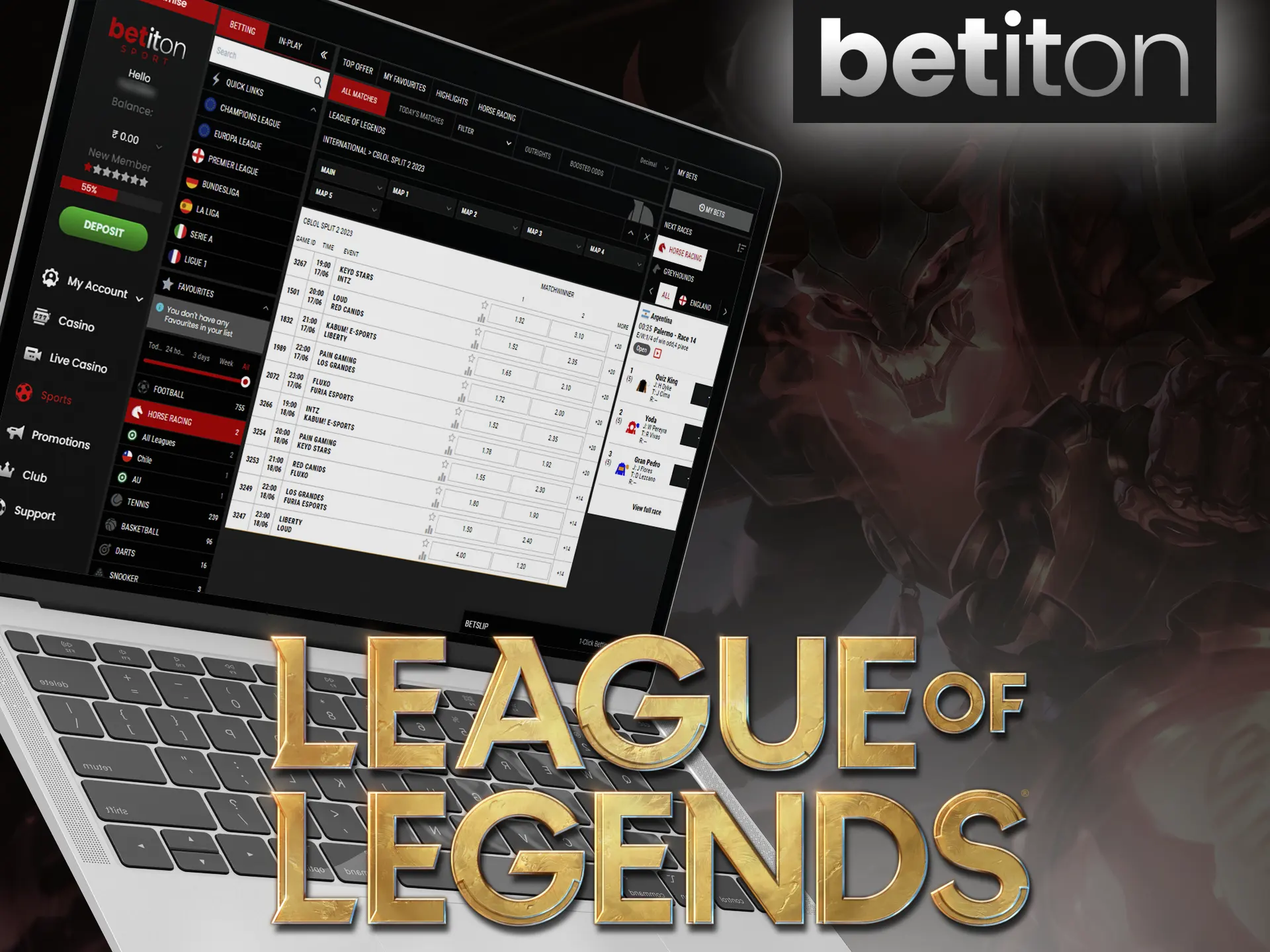 Watch and bet on League of Legends matches at the Betiton.