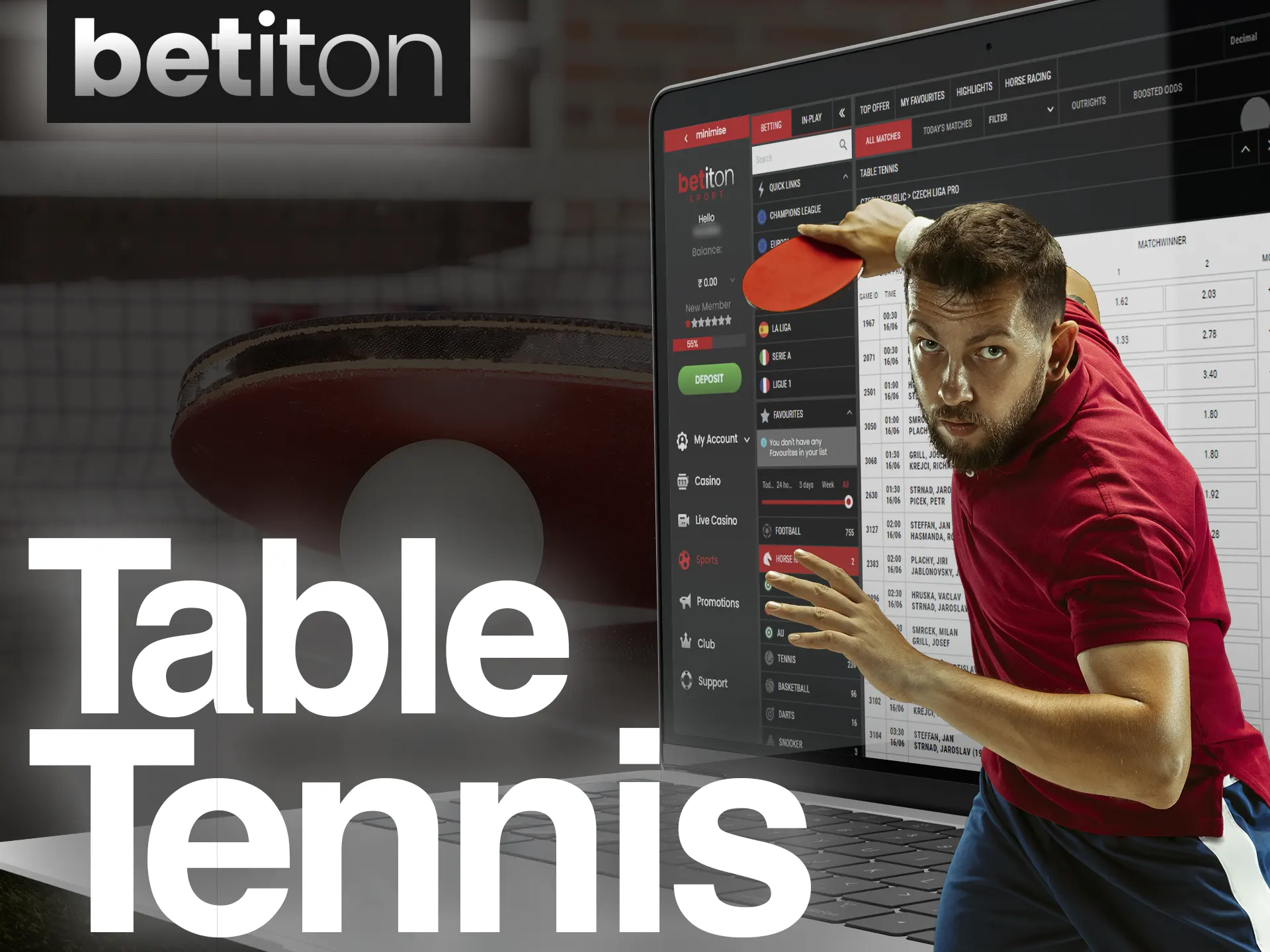 Bet on table tennis matches at the Betiton.