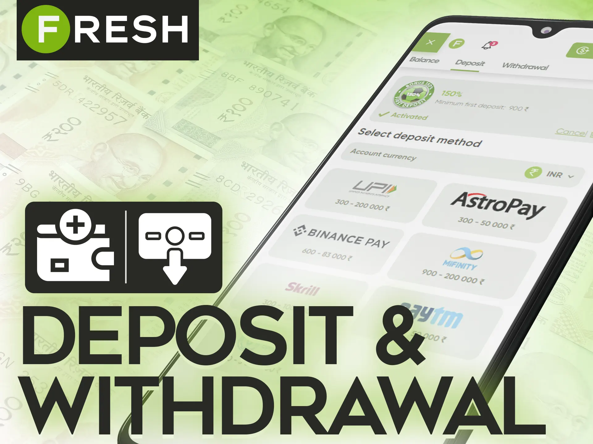 Deposit and withdraw money in the Fresh Casino app without any problems.