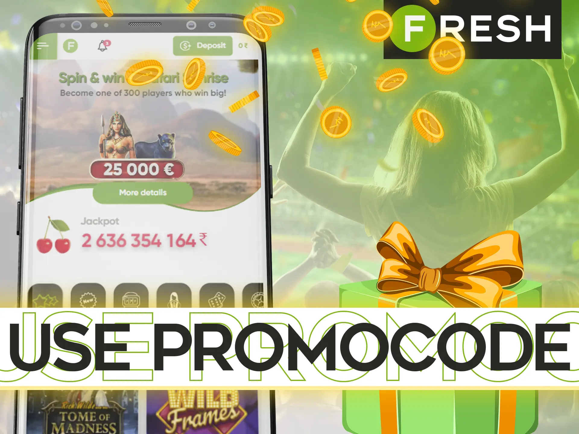 Insert promocode during registration in the Fresh Casino app.