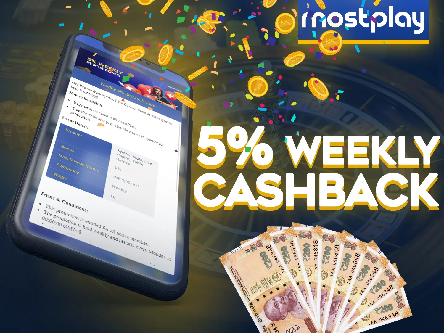 Get your money back after each deposit in the Mostplay app with a weekly cashback bonus.