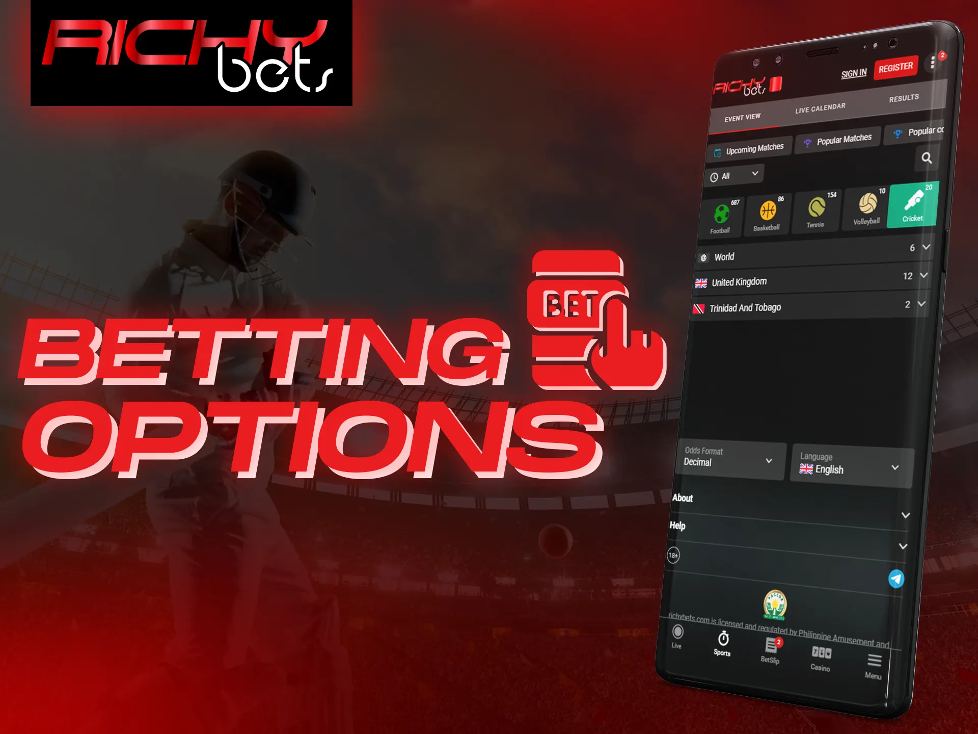 Choose different types of bets at the Richybets.