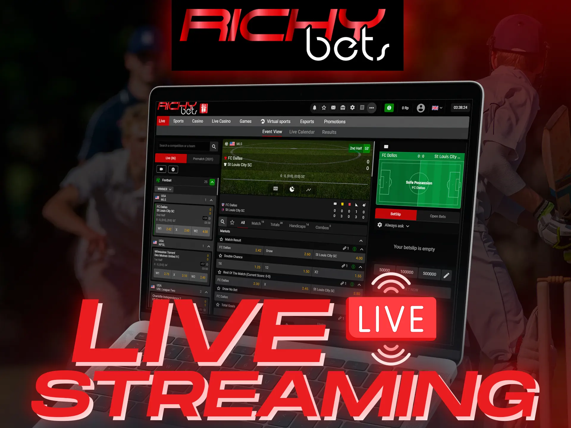 Watch sports matches on the special broadcast page at the Richybets.