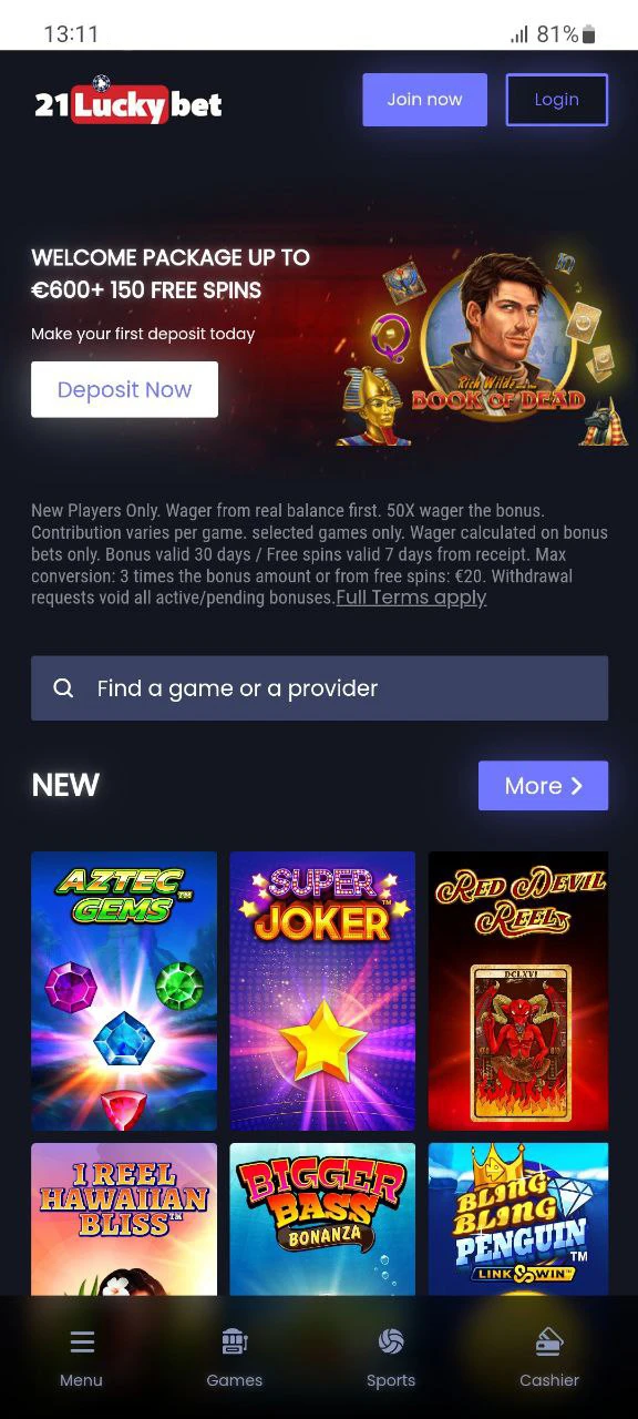 The 21luckybet app has a user-friendly and attractive homepage.