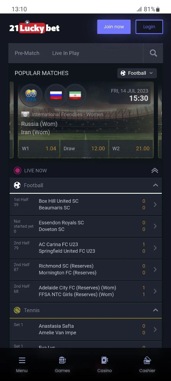 In 21luckybet app place bets on different sports.