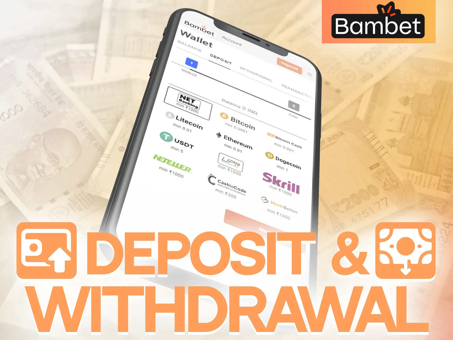 There are various deposit and withdrawal methods available in the Bambet app.
