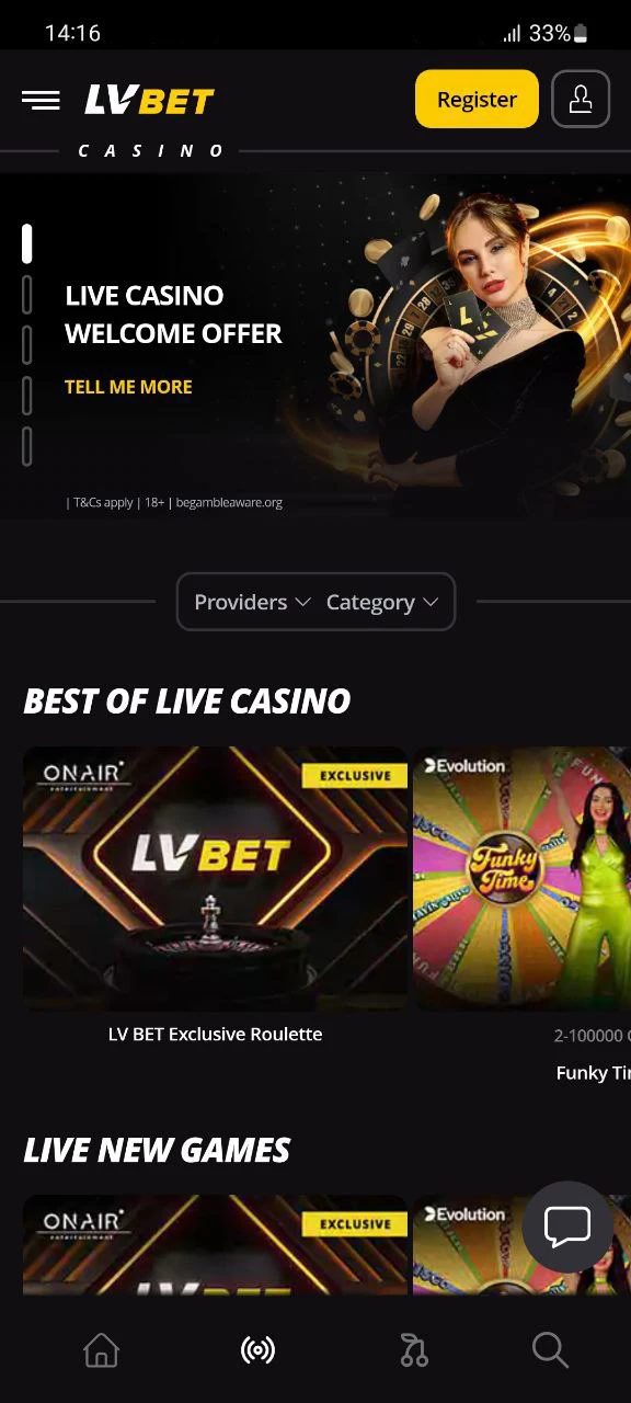 Play exciting games in the LV Bet app casino and live casino.