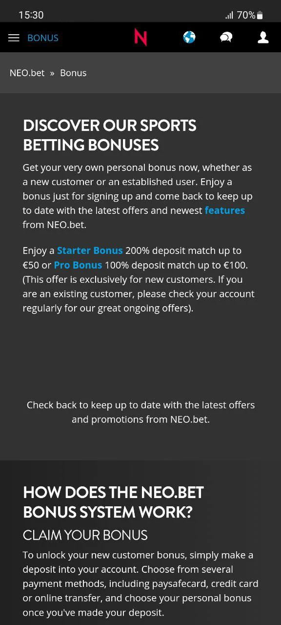 The NEO.bet app has bonuses for players.