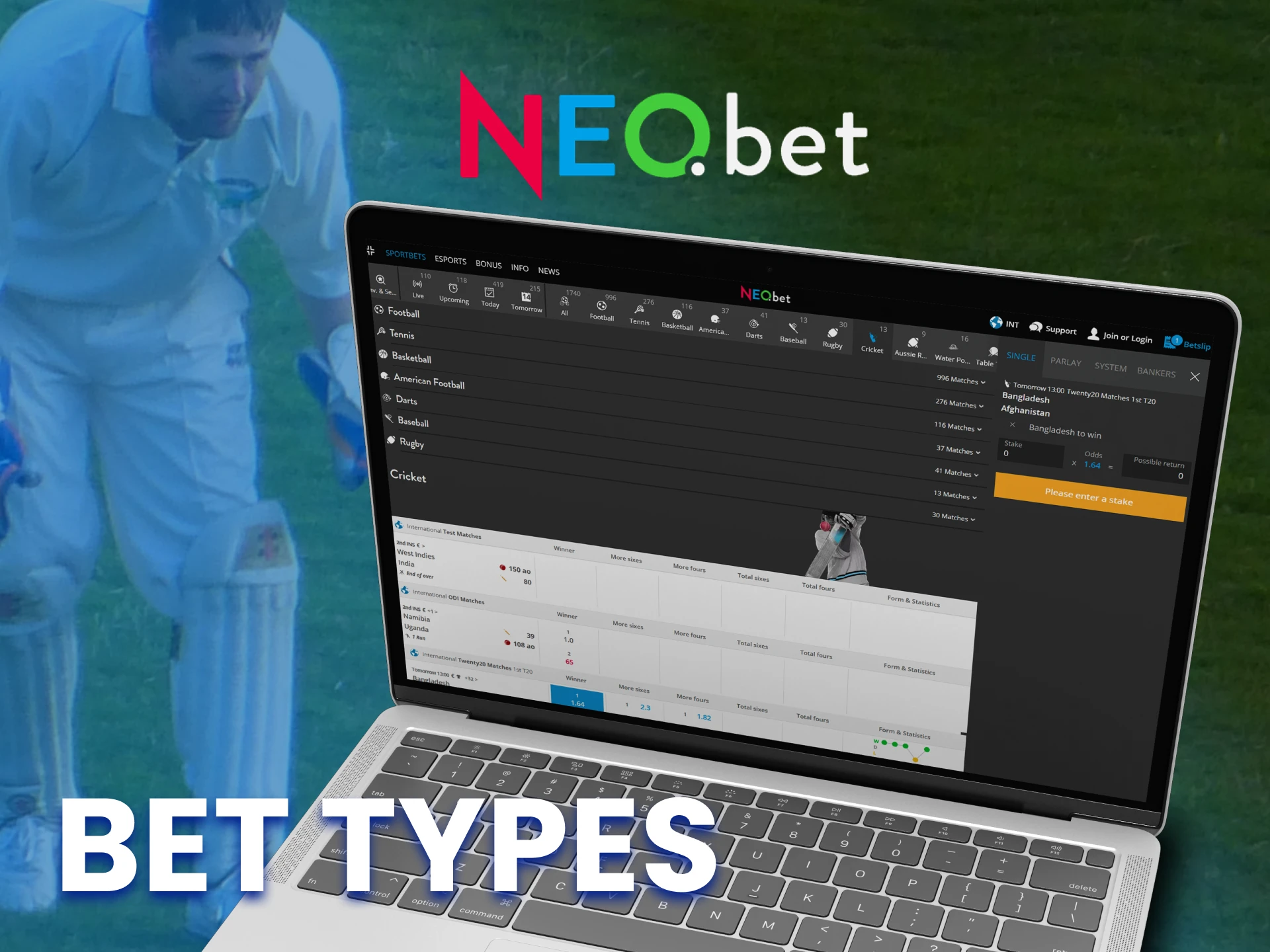 In NEO.bet, there are different types of bets available for your convenience.