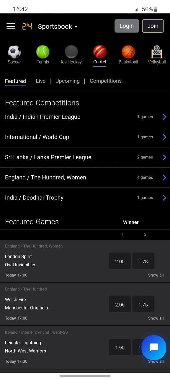With 24Betting app play cricket.