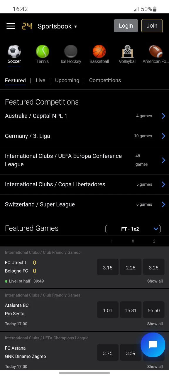 In the 24Betting app, bet on cricket and other sports.
