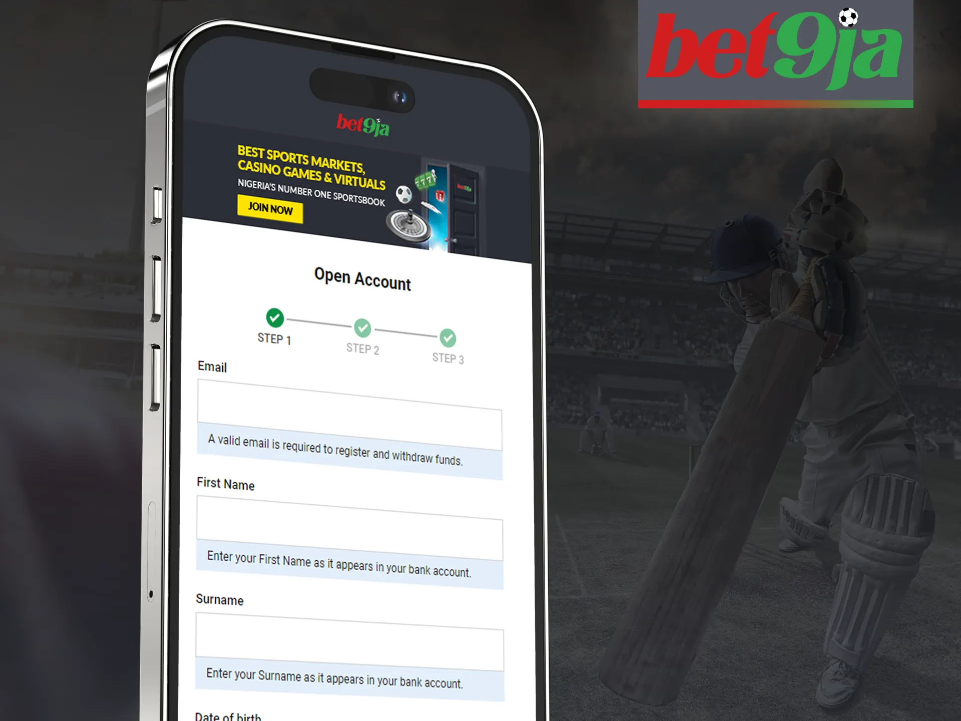 Complete a simple registration in the Bet9ja app.