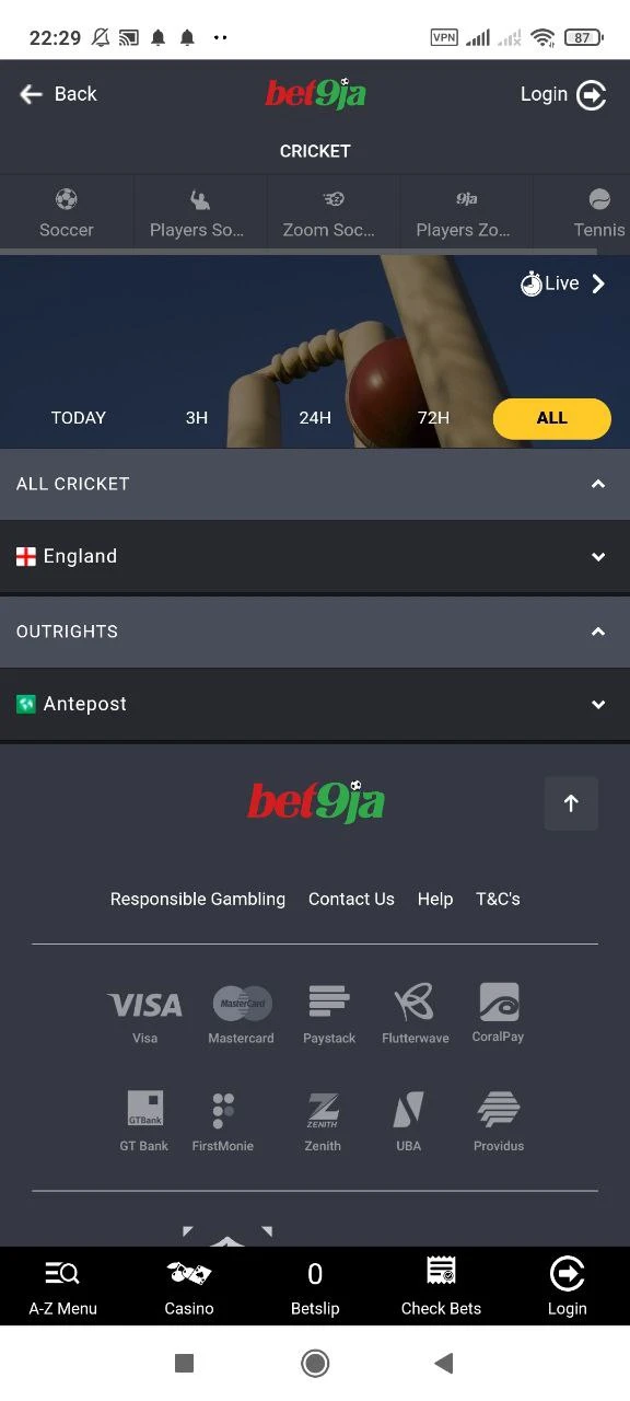 In the Bet9ja app, bet on cricket and other sports.