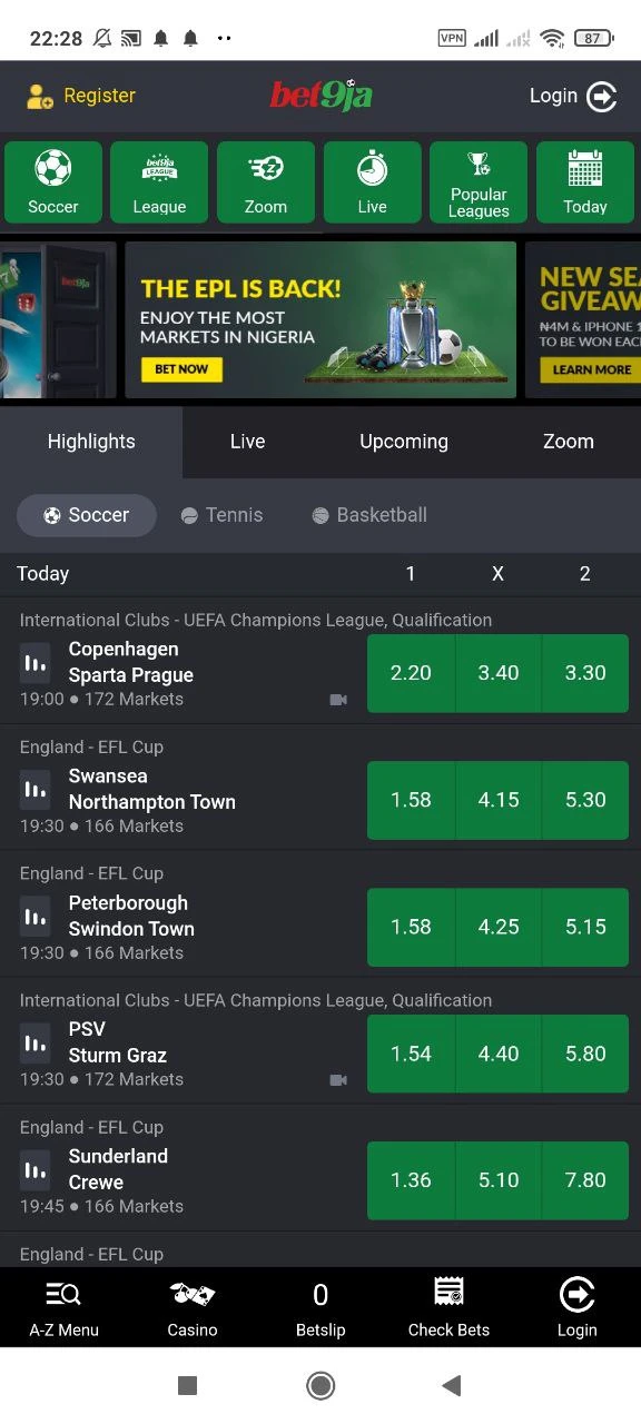 The Bet9ja app has a convenient and functional home page.