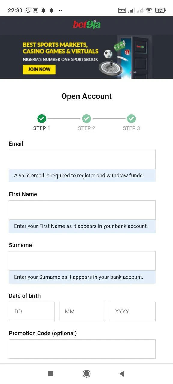 The Bet9ja app has a simple registration process.