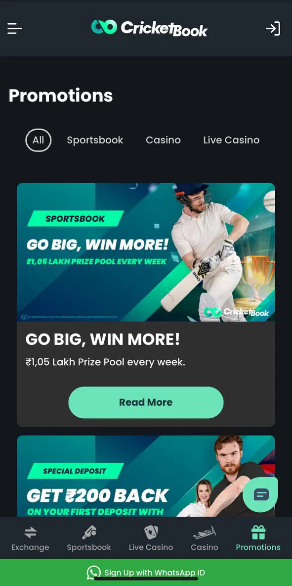 Place your bets and get bonuses on the Cricketbook mobile app.