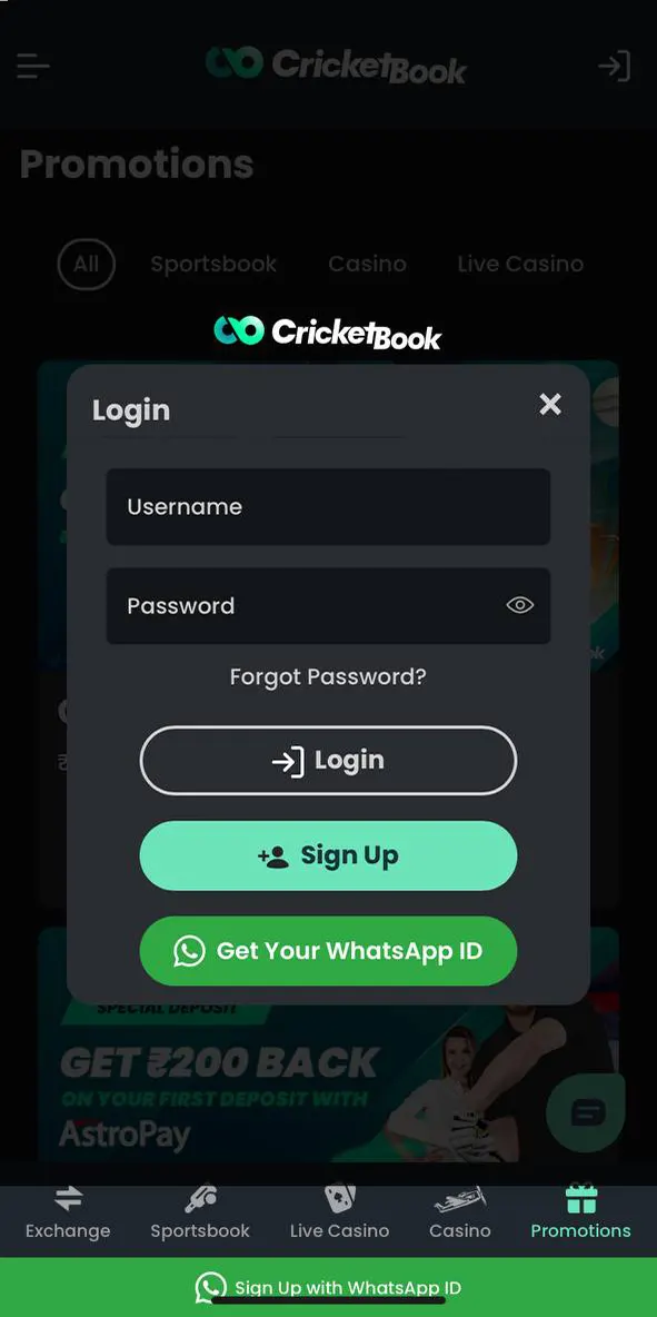 Register an account on the Cricketbook mobile app.