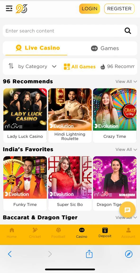 Play online casino games on the 96in mobile app.