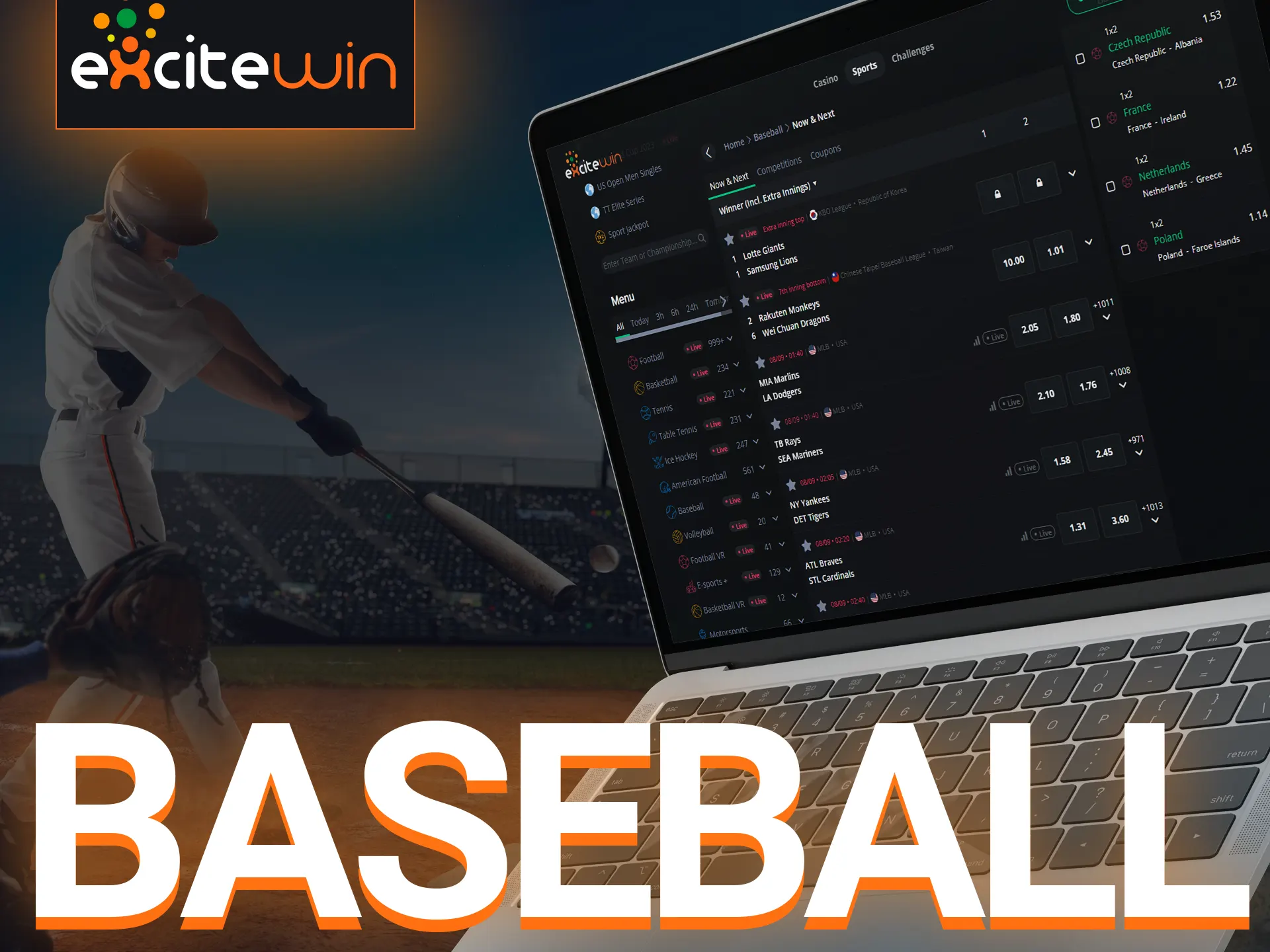 Place bets on baseball games with Excitewin.